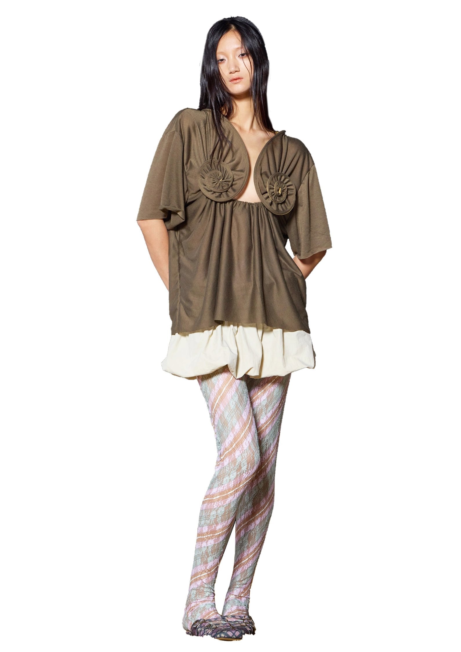 Nylon Rib Block Bubble Skirt Jade Ivory