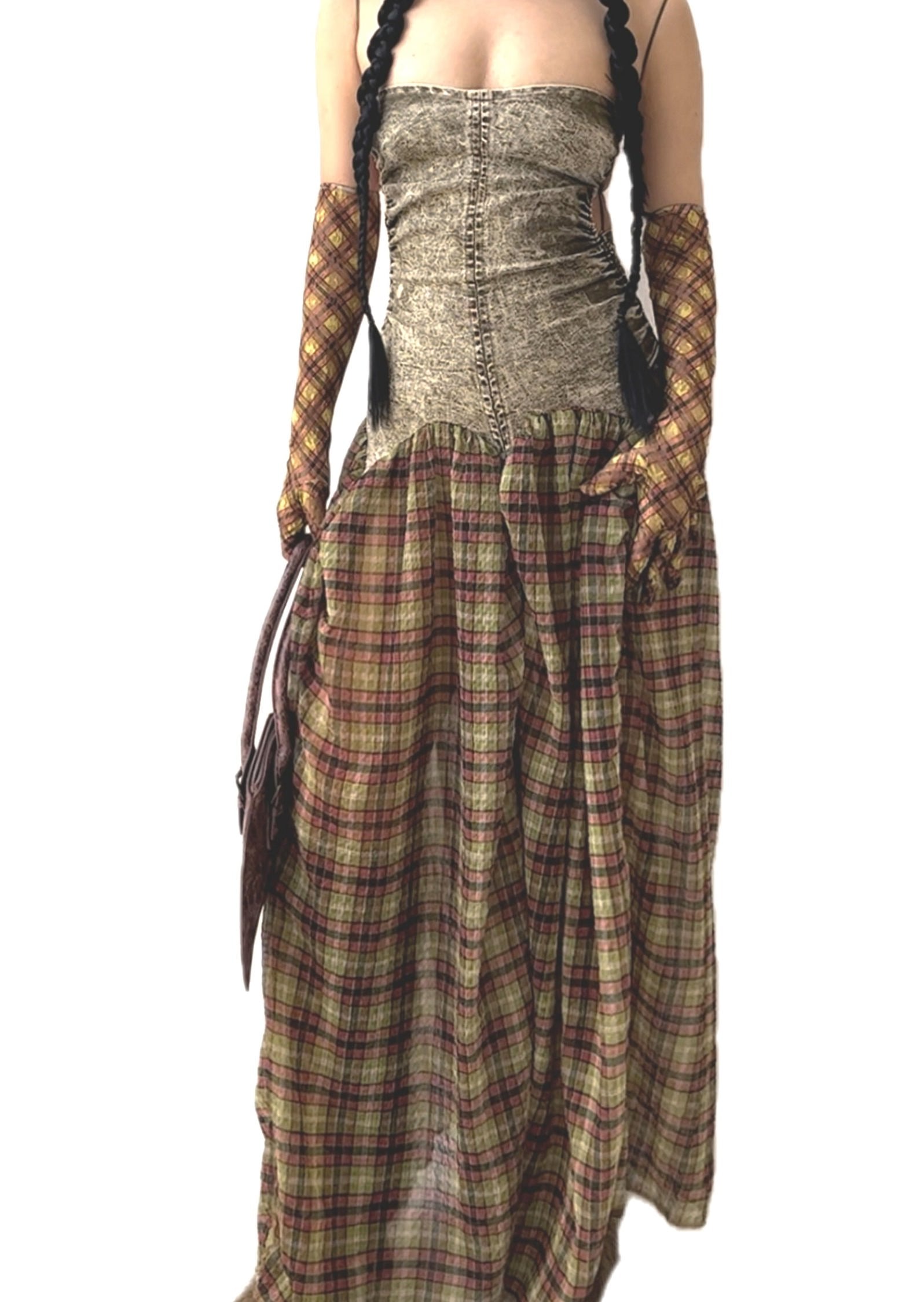 Plaid Denim Bubble Maxi Dress Mono