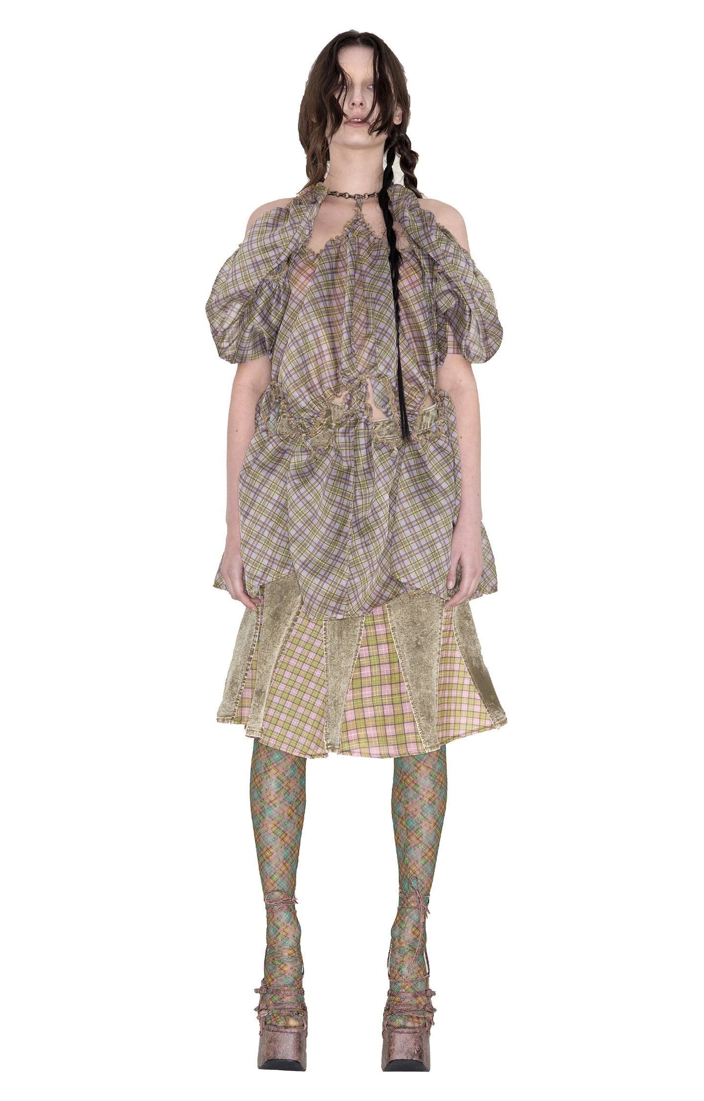 Plaid Organza Puff Sleeve Dress Purple Tartan