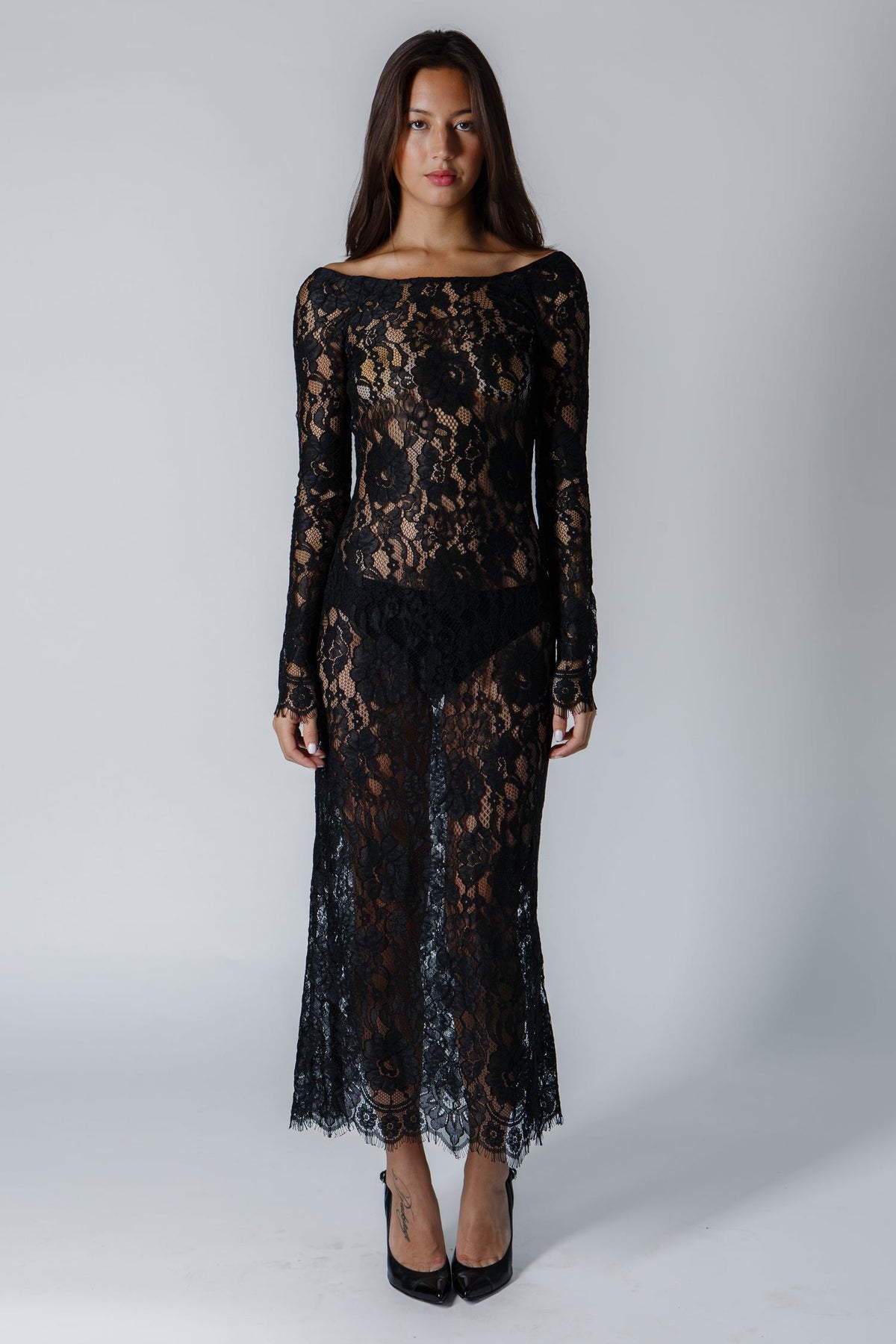 The Scarlett Midi Dress in Black Lace