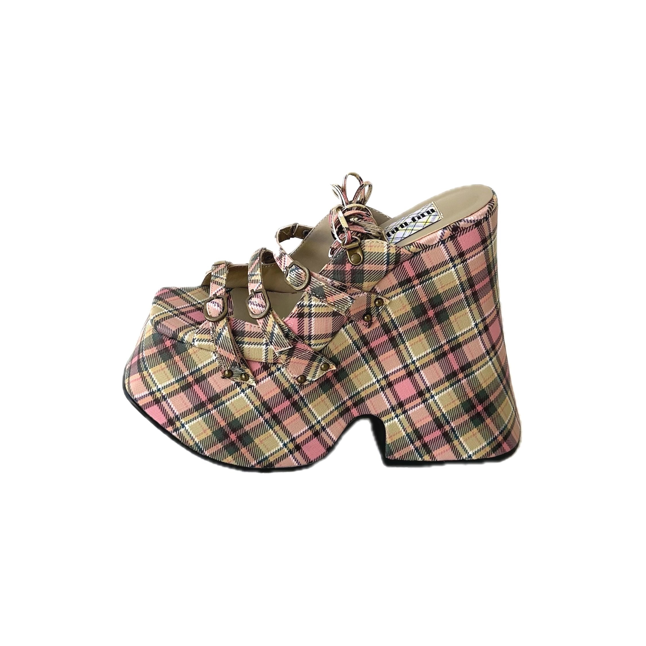 Plaid Vegan Leather Lace Up Platform Sandals