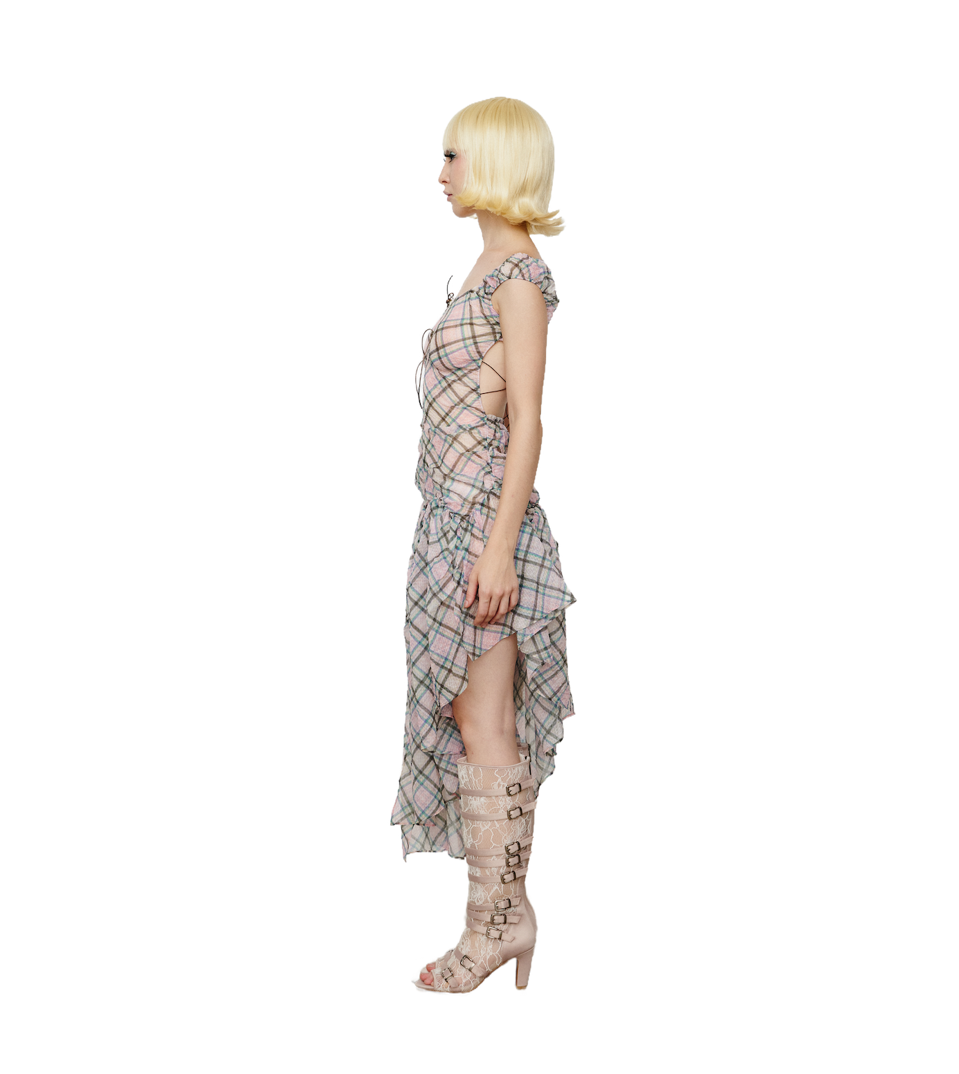 Plaid Puff Chiffon Asymmetrical Dress Dollhouse