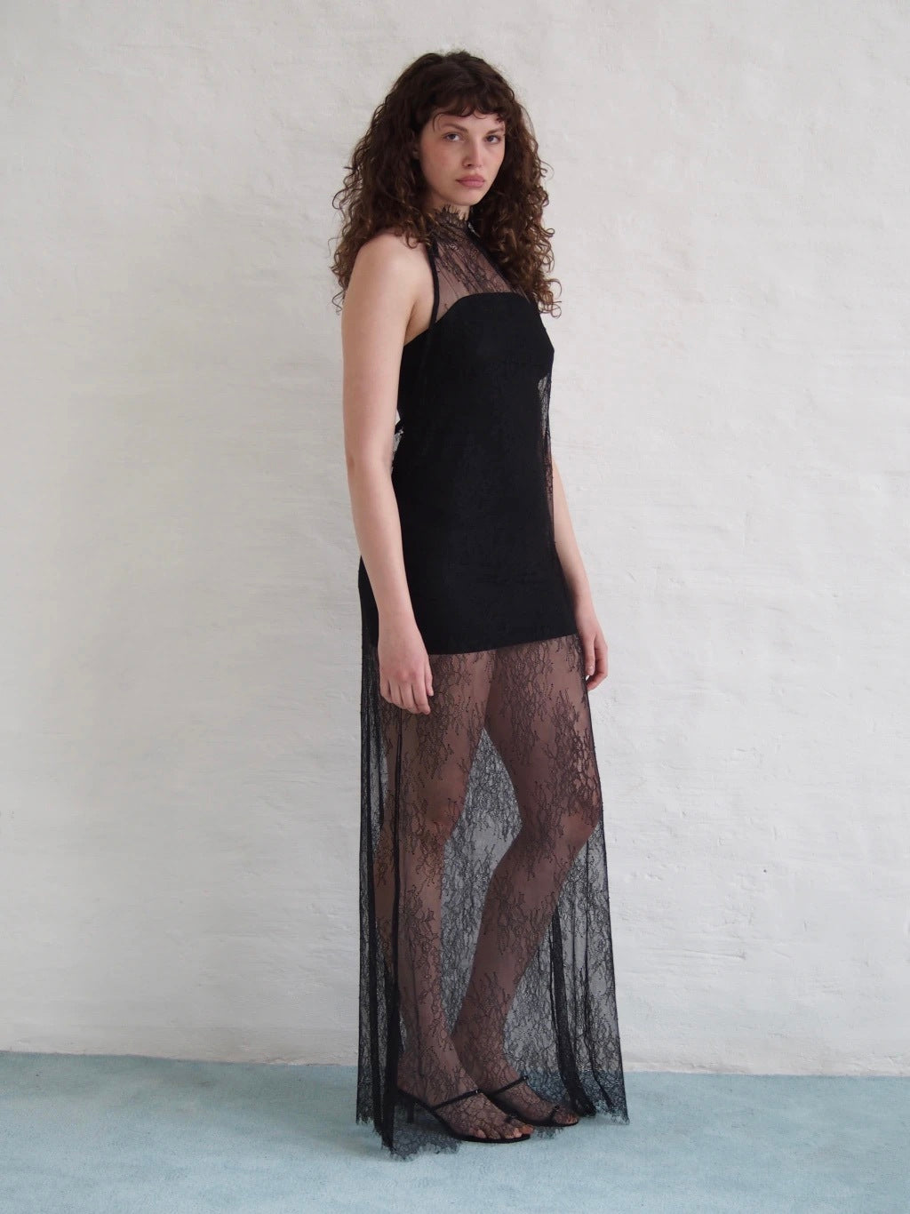 LACE NECK DRESS + STRAPLESS SLIP - BLACK
