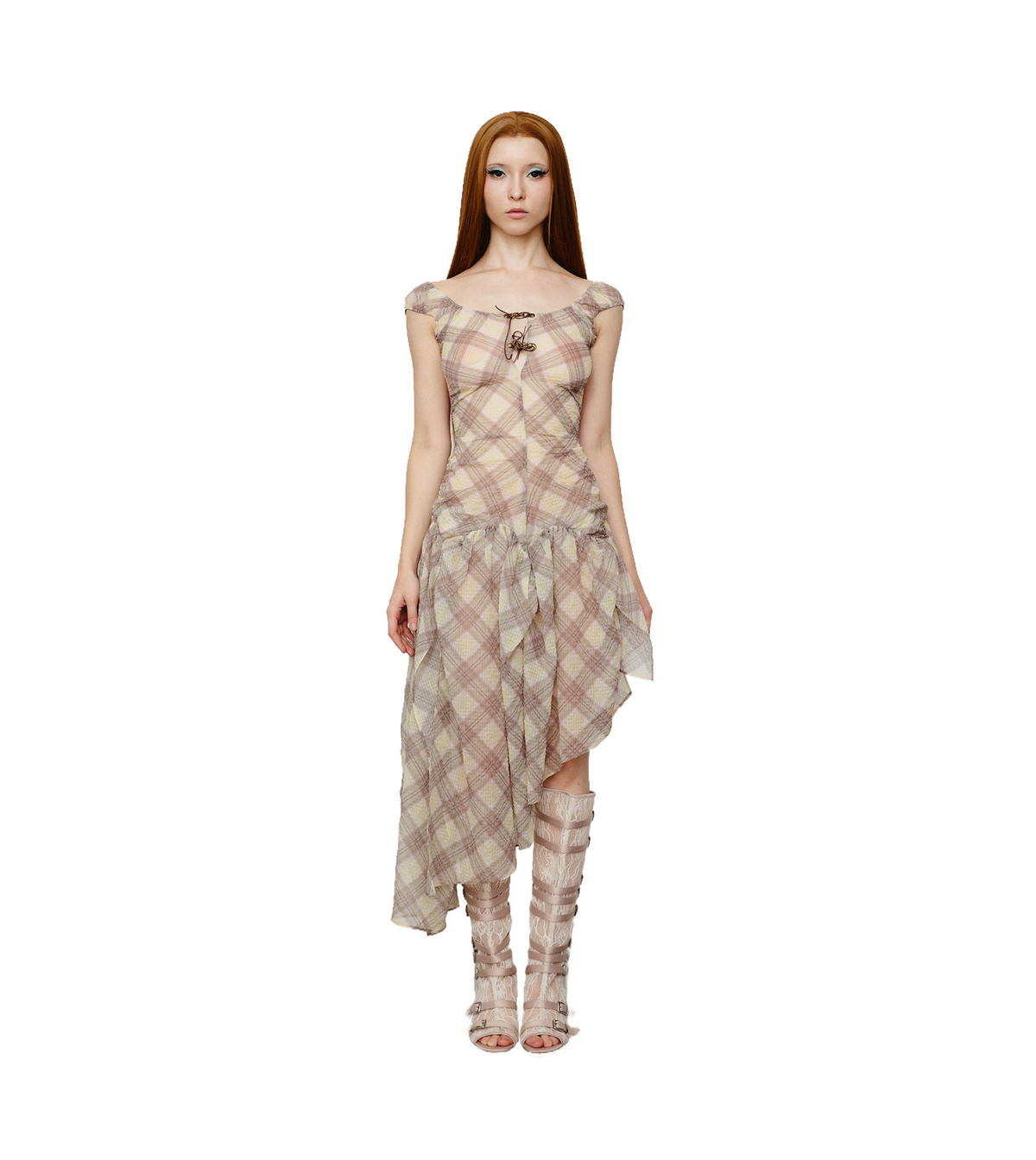 Plaid Puff Chiffon Asymmetrical Dress Porcelain