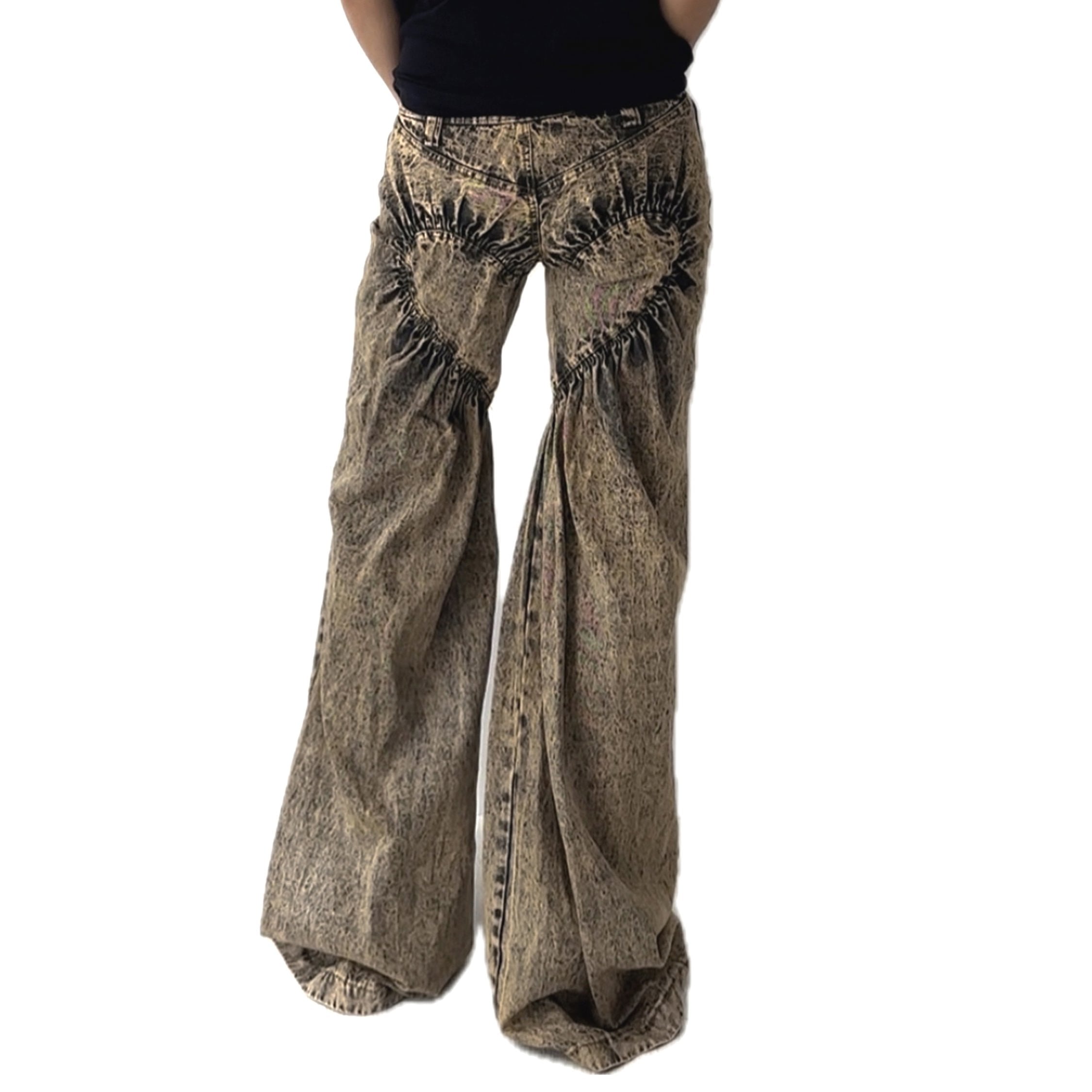 Unisex Ruched Heart Distressed Denim Jeans Black