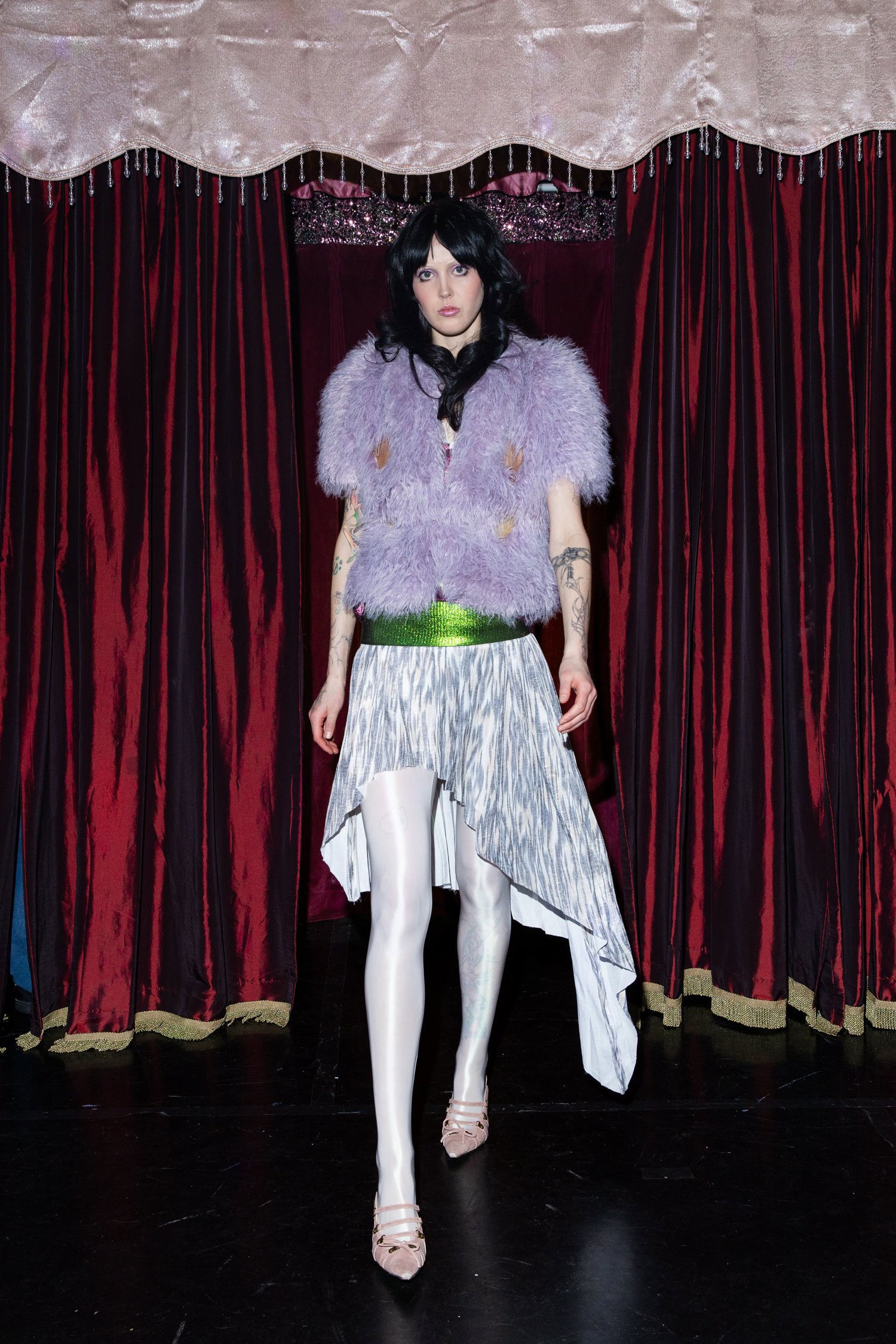 Lizard Zebra Satin Rib-Waistband Pleated Skirt