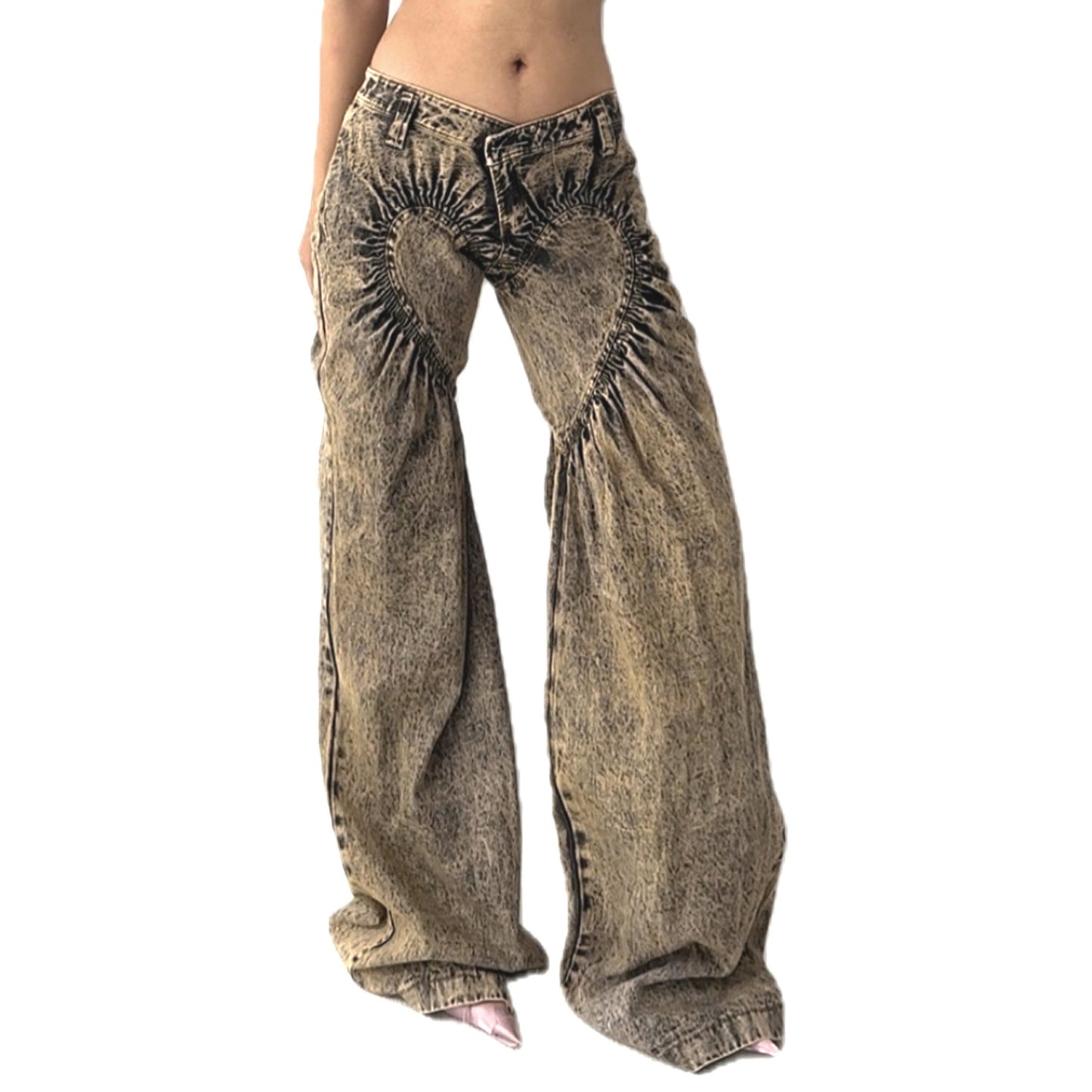 Unisex Ruched Heart Distressed Denim Jeans Black