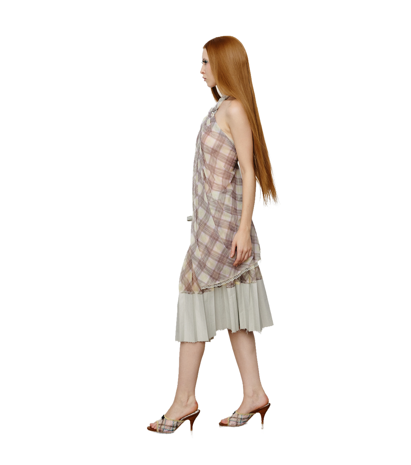 Patchwork Organza Pleated Midi Skirt Gray Porcelain