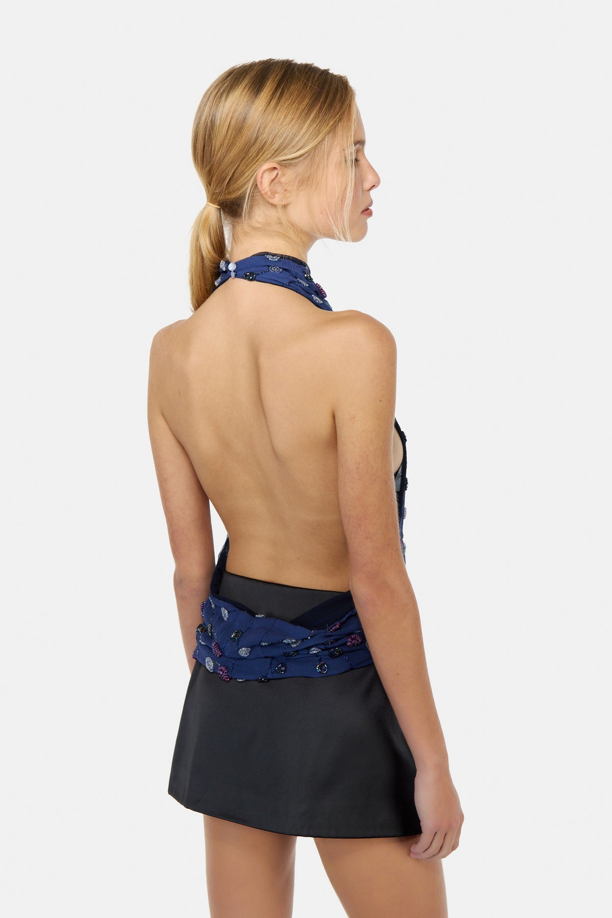 Embroidered blue silk top