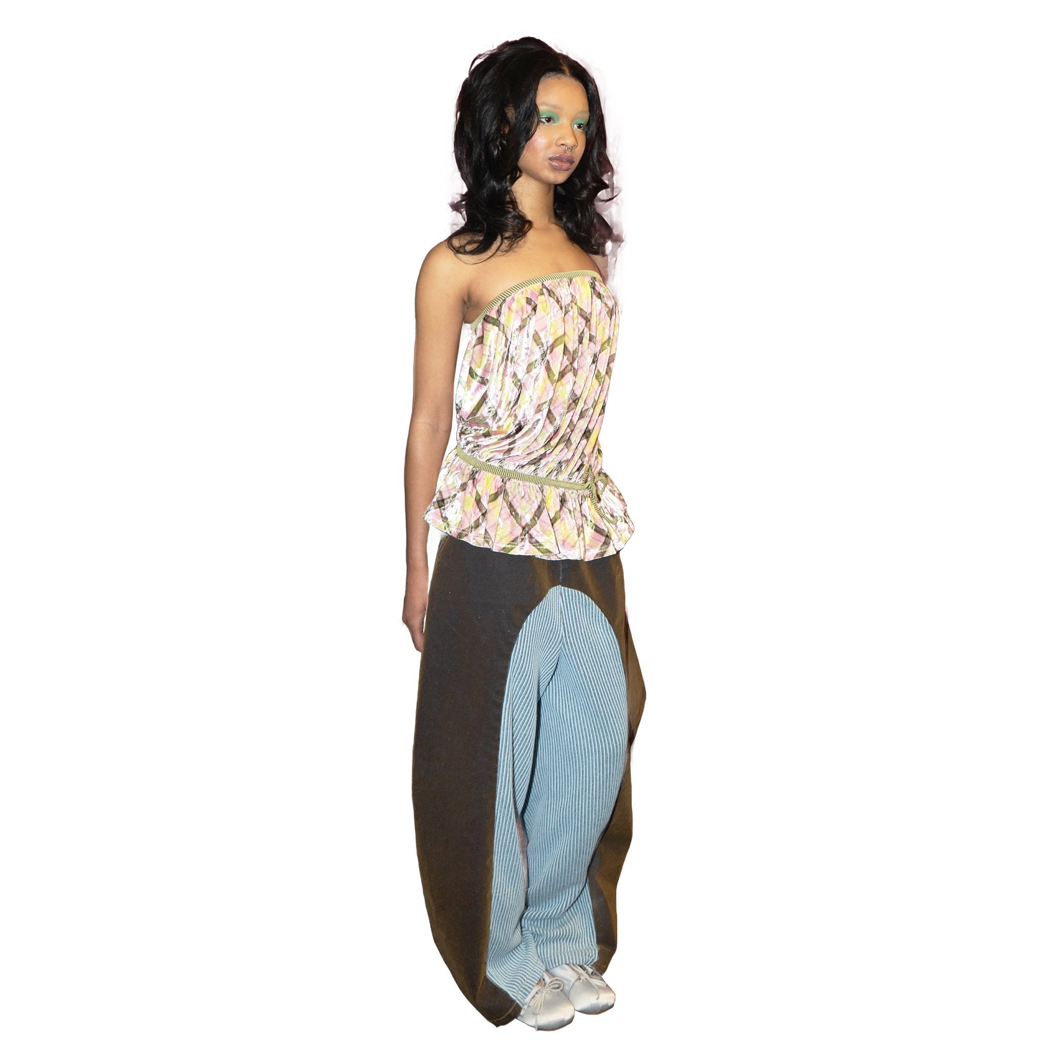 Blue Rib Patchwork Velvet Denim Curved Jeans