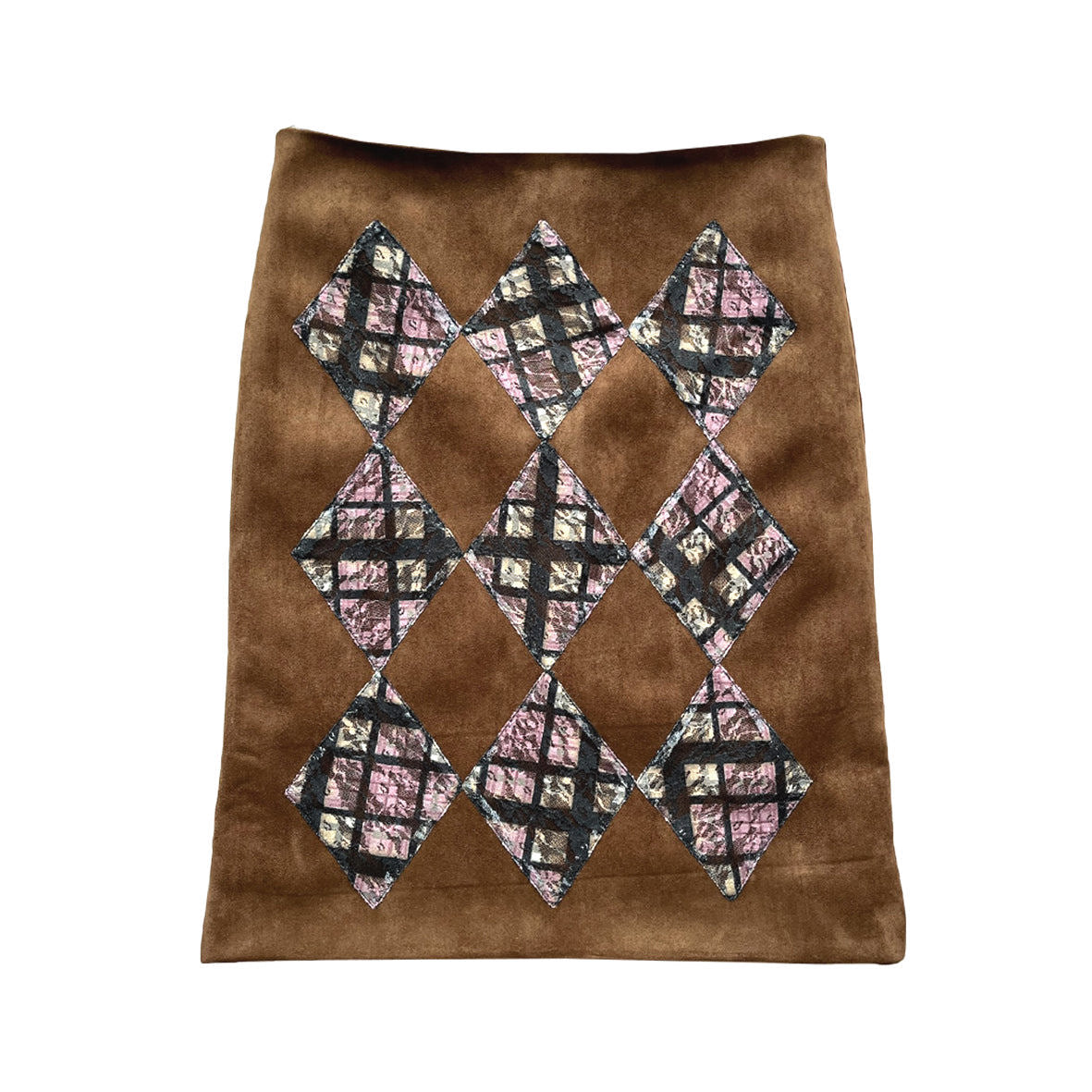 Orange Brown Suede Purple Plaid Lace Patchwork MIDI Skirt