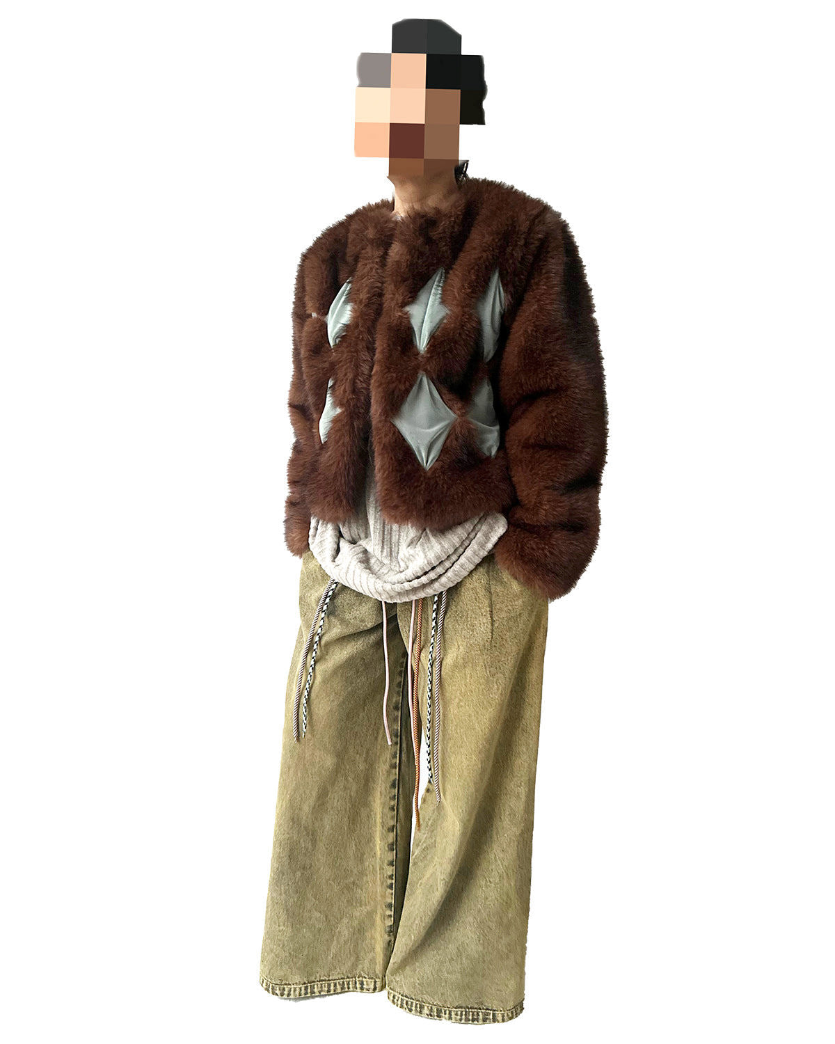 Studded Diamond Patchwork Faux Fur Coat