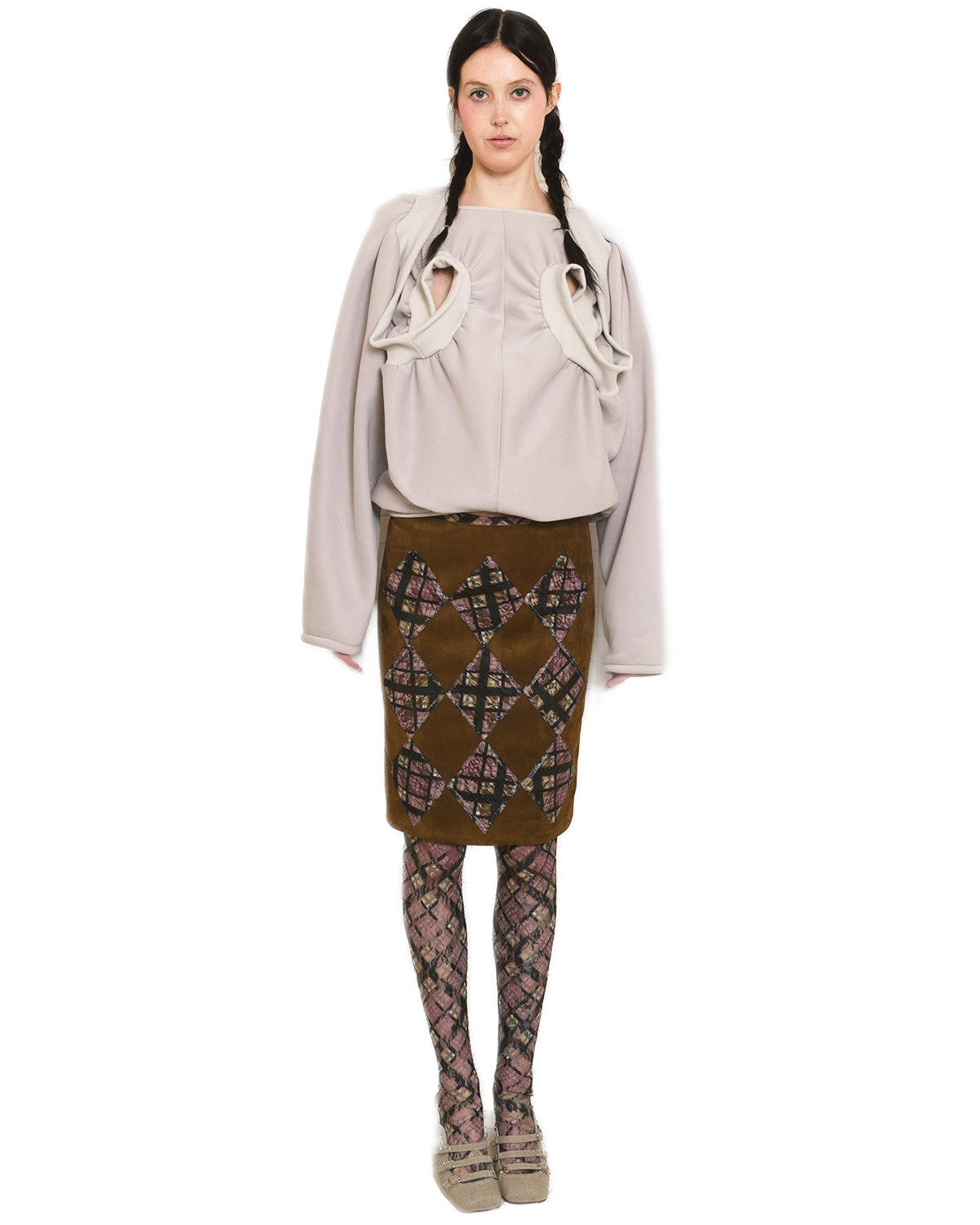 Orange Brown Suede Purple Plaid Lace Patchwork MIDI Skirt