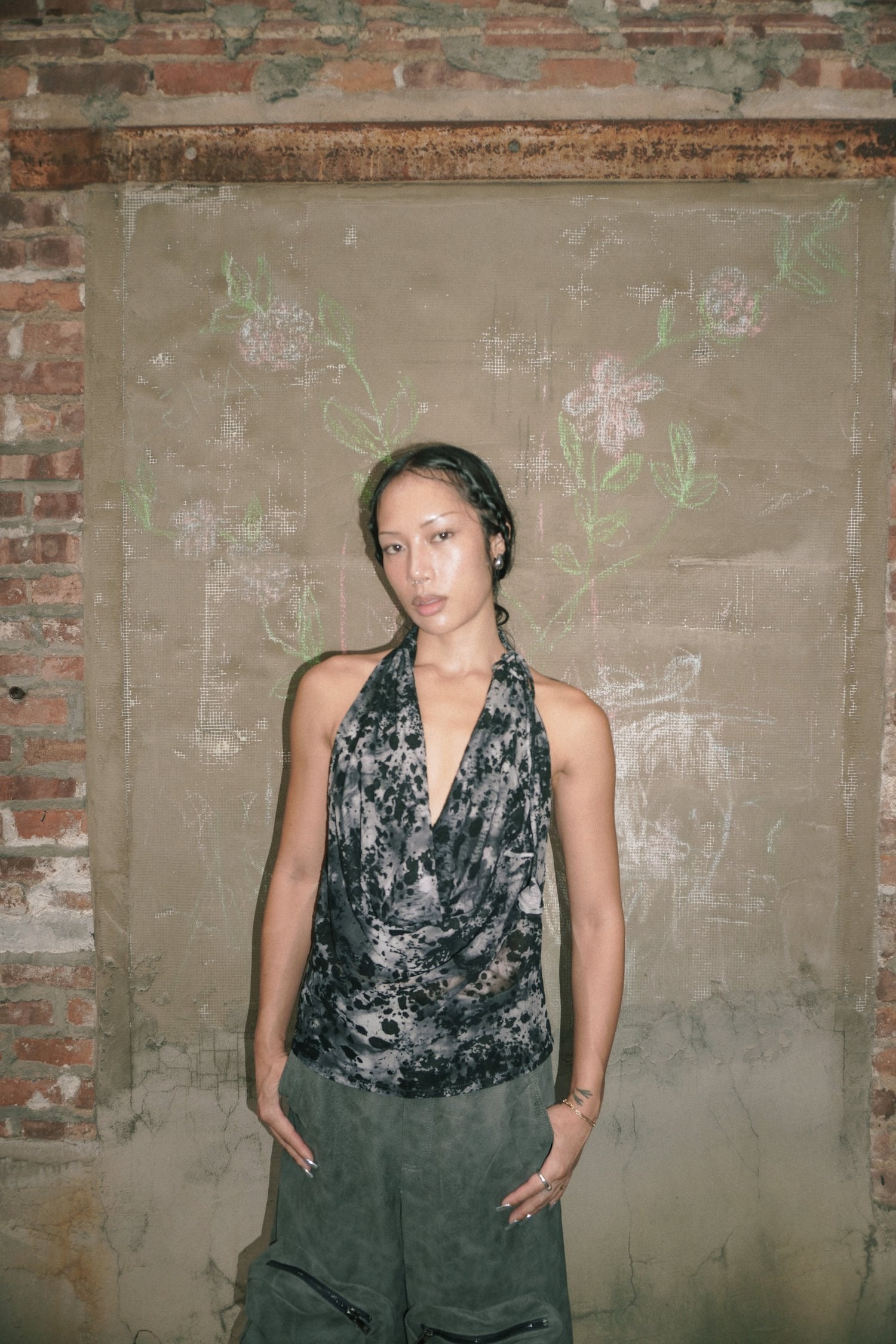 TWO WAYS MESH PRINT HALTER TOP