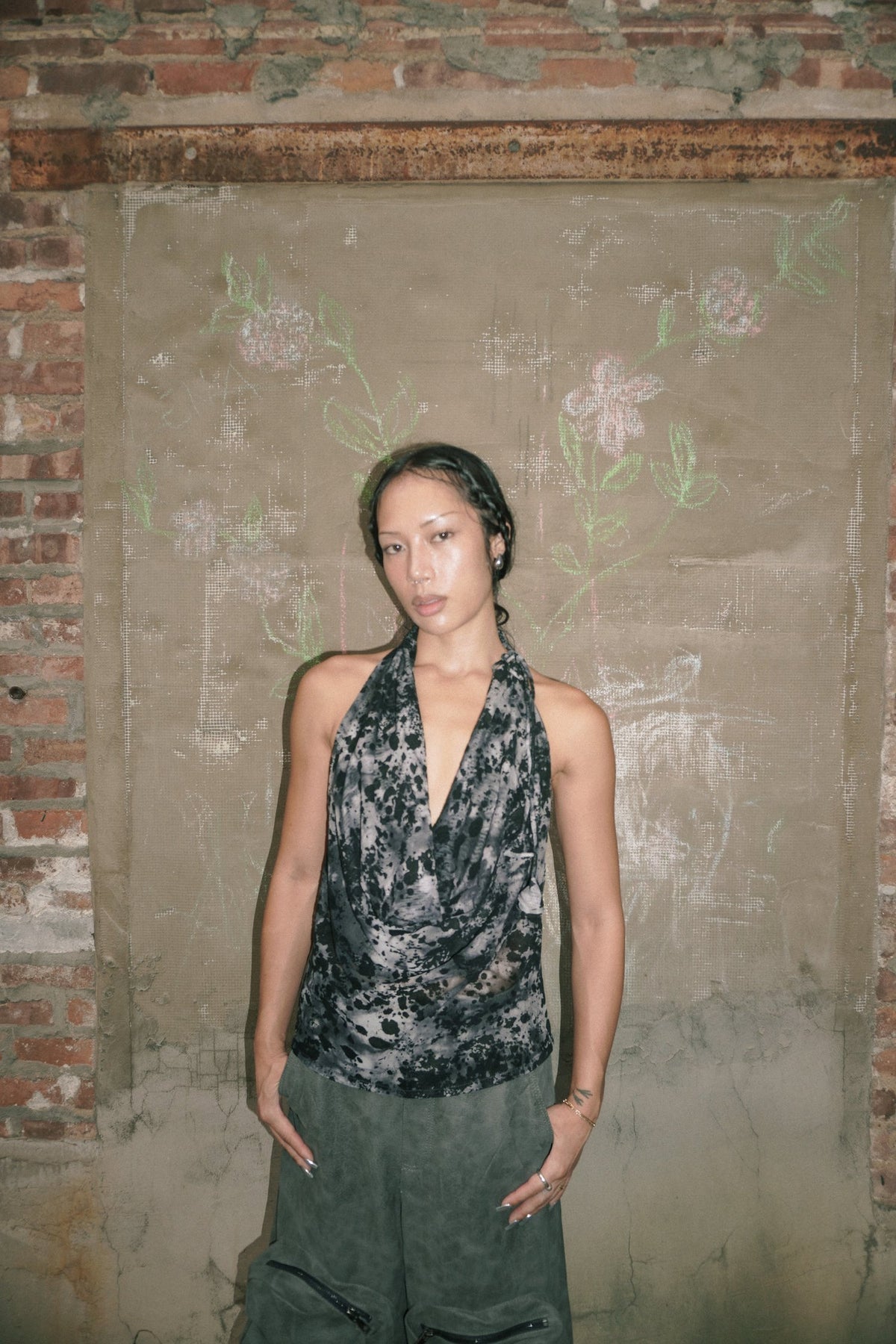 TWO WAYS MESH PRINT HALTER TOP