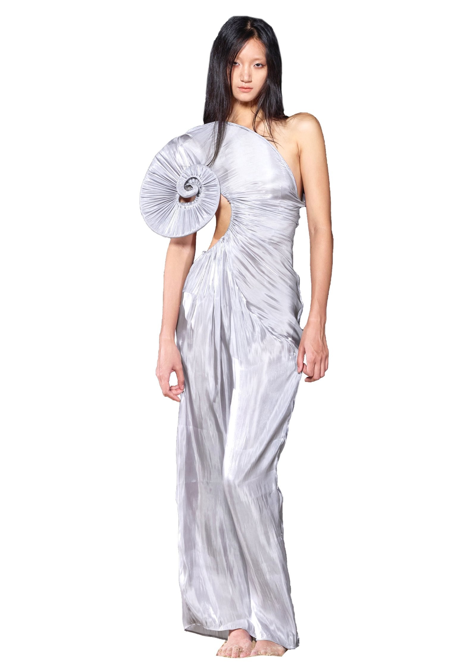 Asymmetrical Sea Shell Swirl Maxi Gown Silver Satin