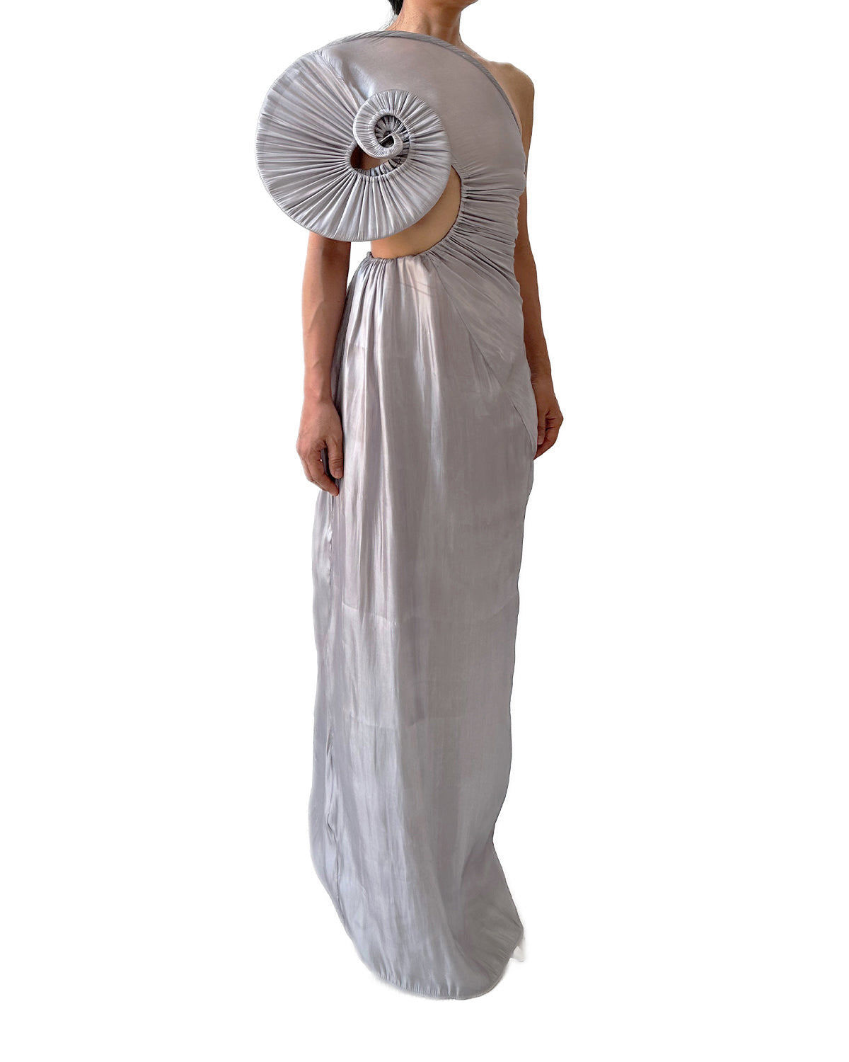 Asymmetrical Sea Shell Swirl Maxi Gown Silver Satin