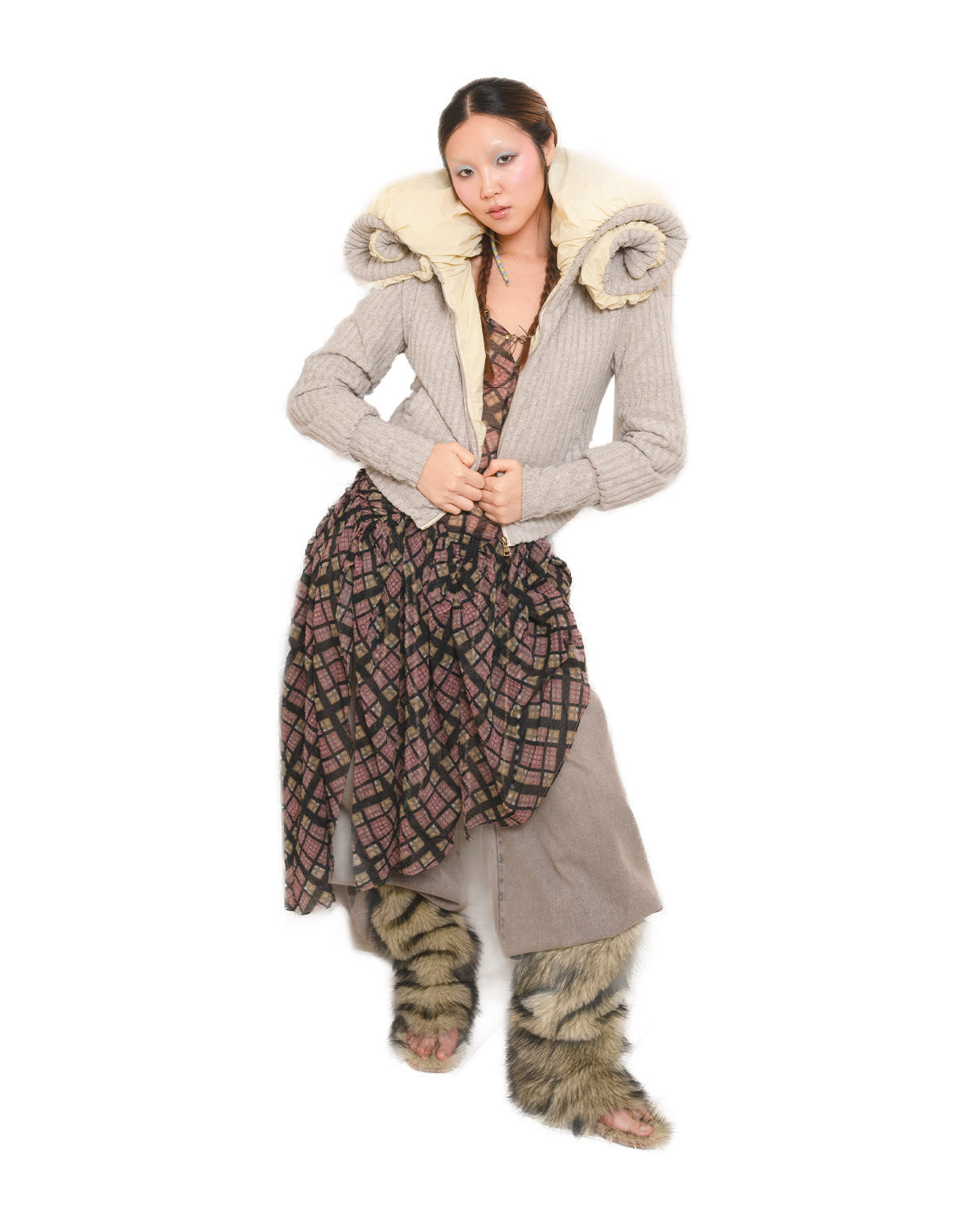 Swirl Collar Rib Knit Jacket Grey Yellow