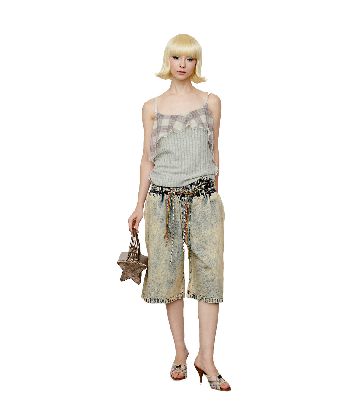 Flared Plaid Knit Cami Porcelain
