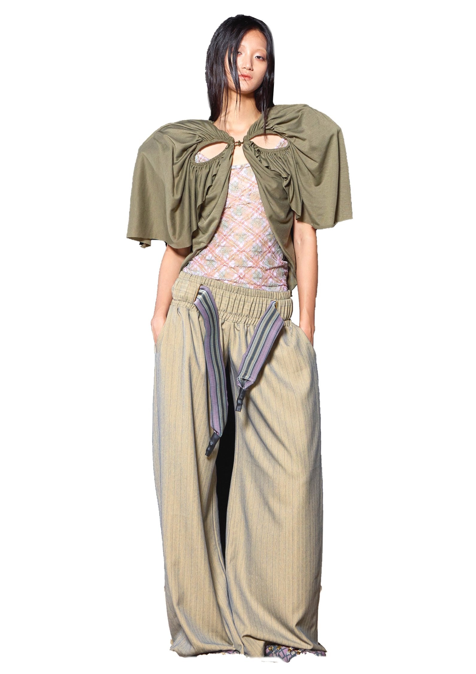 Cutout Football Bow Bolero Top with Shoulder Padding Olive Jersey