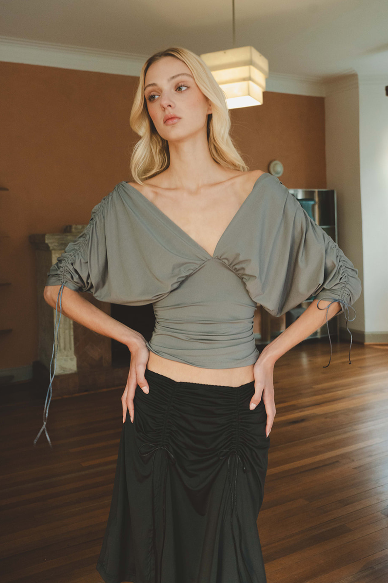 Paloma Deep-V Ruched 3/4 Sleeve Top