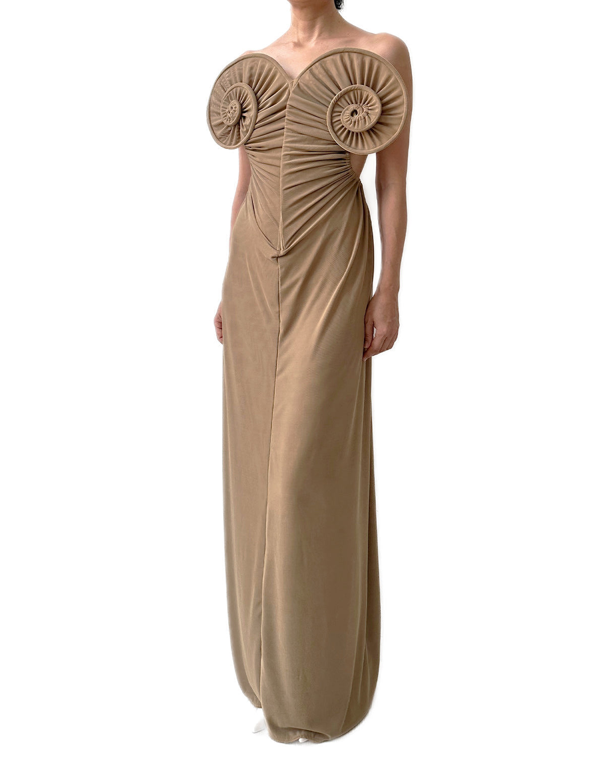 Draped Sea Shell Swirl Maxi Gown Khaki