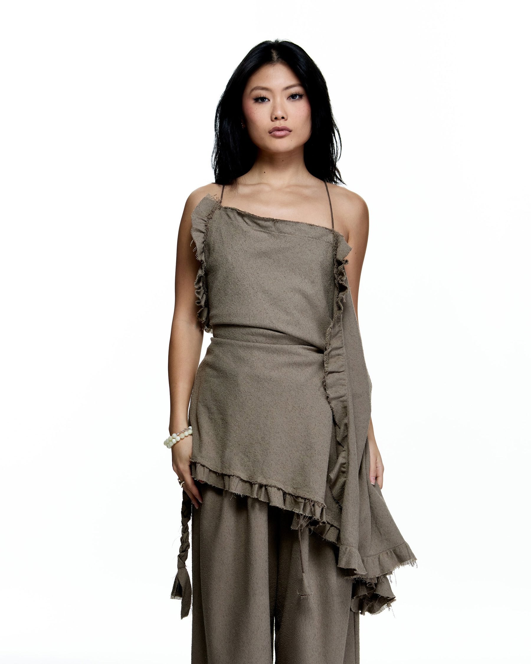 ASYMMETRICAL BOUCLE FLOWY RUFFLE TOP_ KAKHI