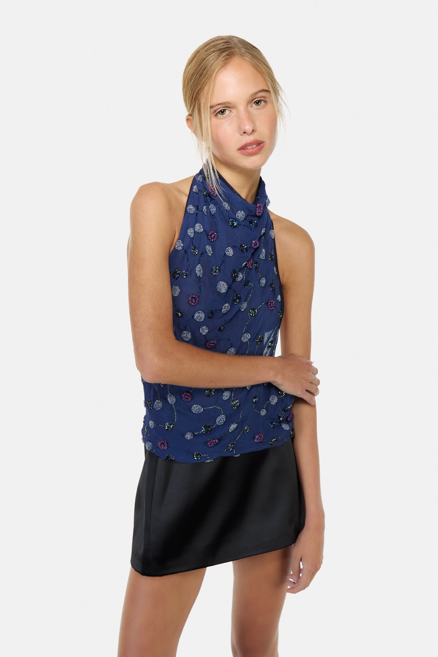 Embroided blue silk top