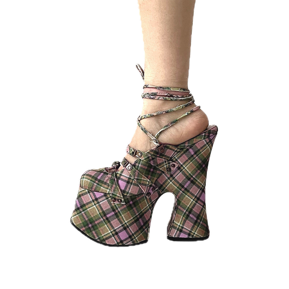 Plaid Twill Lace Up Platform Mules