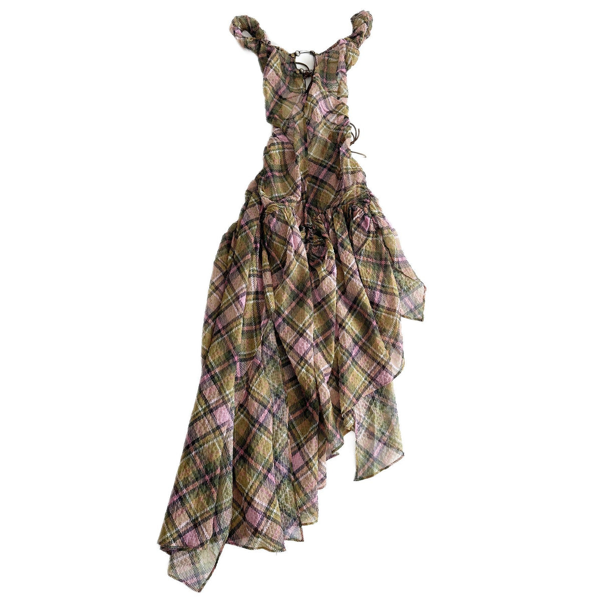 Plaid Puff Chiffon Asymmetrical Dress Smooky Plaid