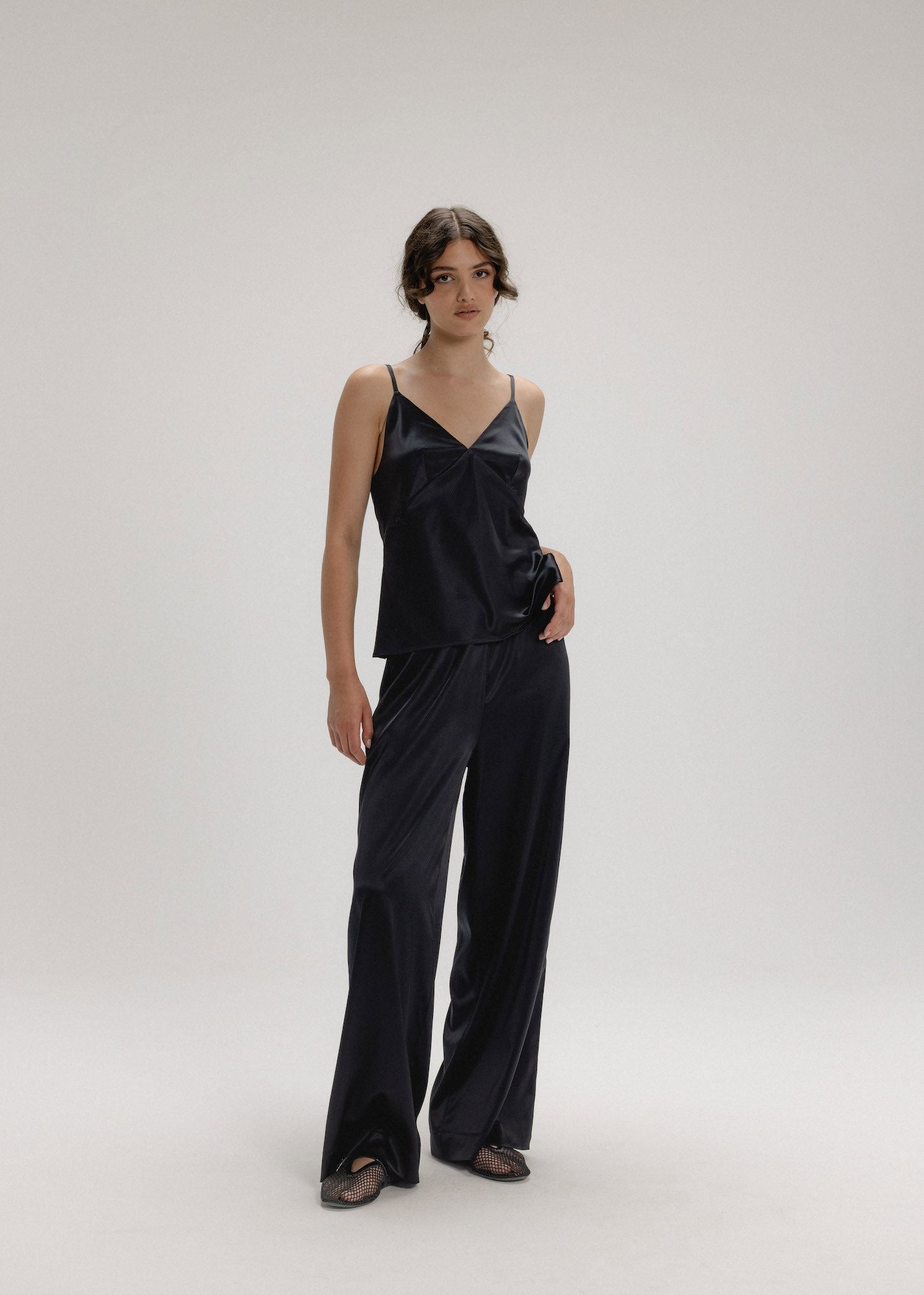 Wide Silk Pants in Black