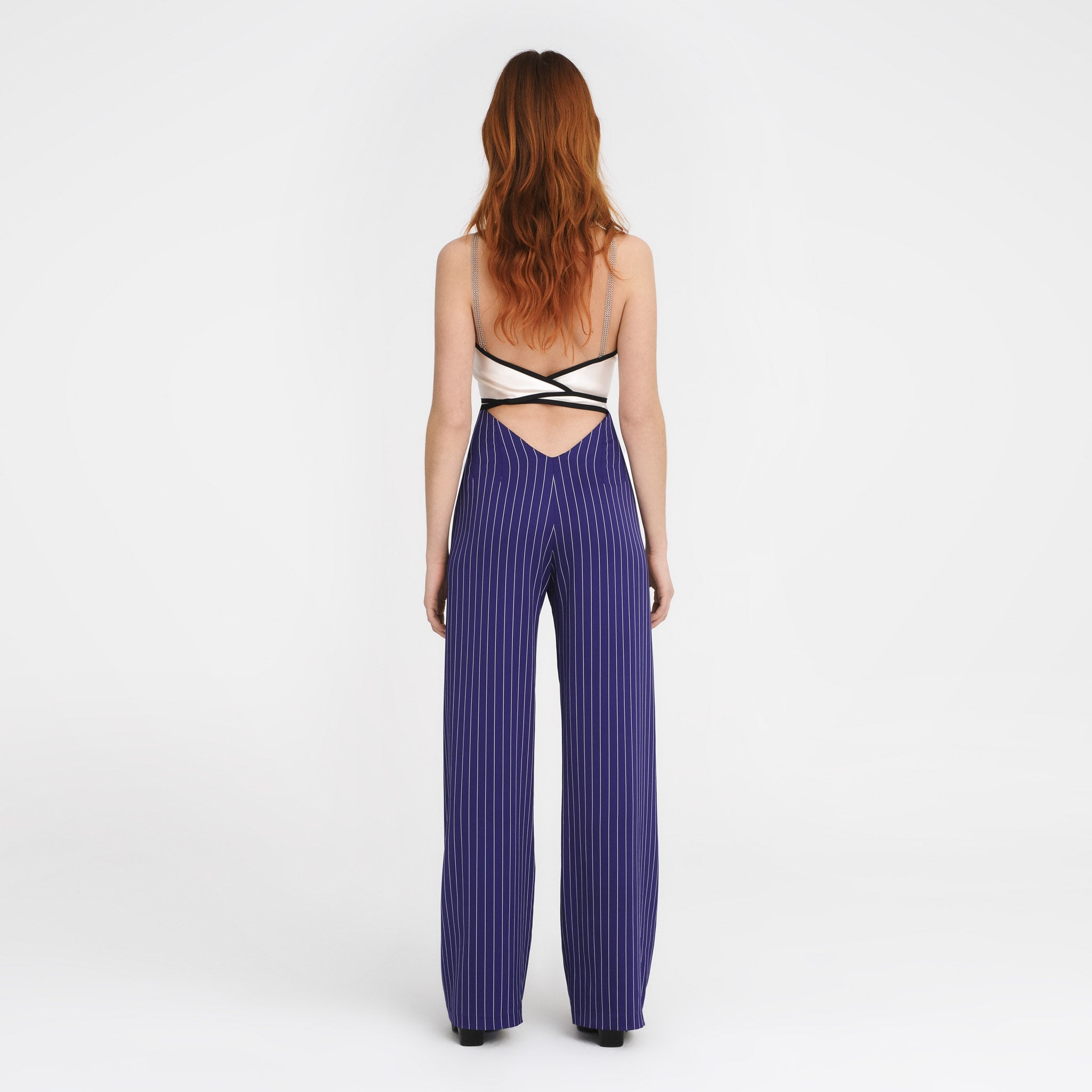 V-Back Trousers in Purple Pinstripes