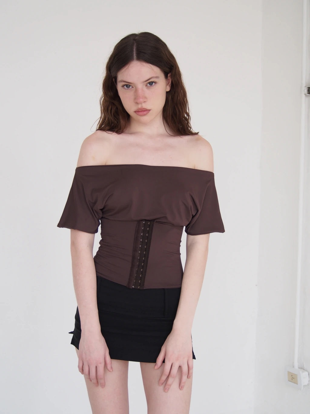 BOAT NECK CORSET TOP - BROWN