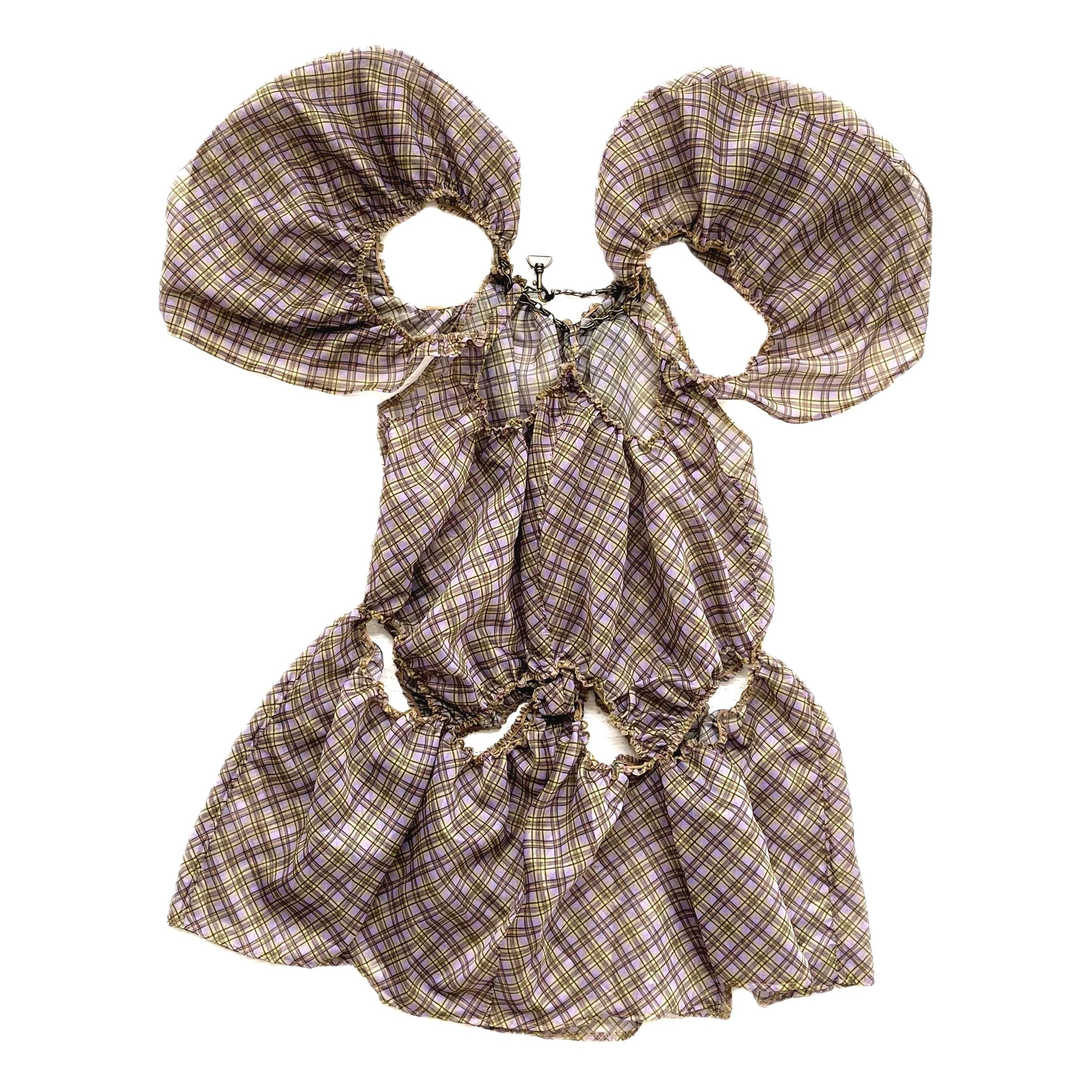 Plaid Organza Puff Sleeve Dress Purple Tartan