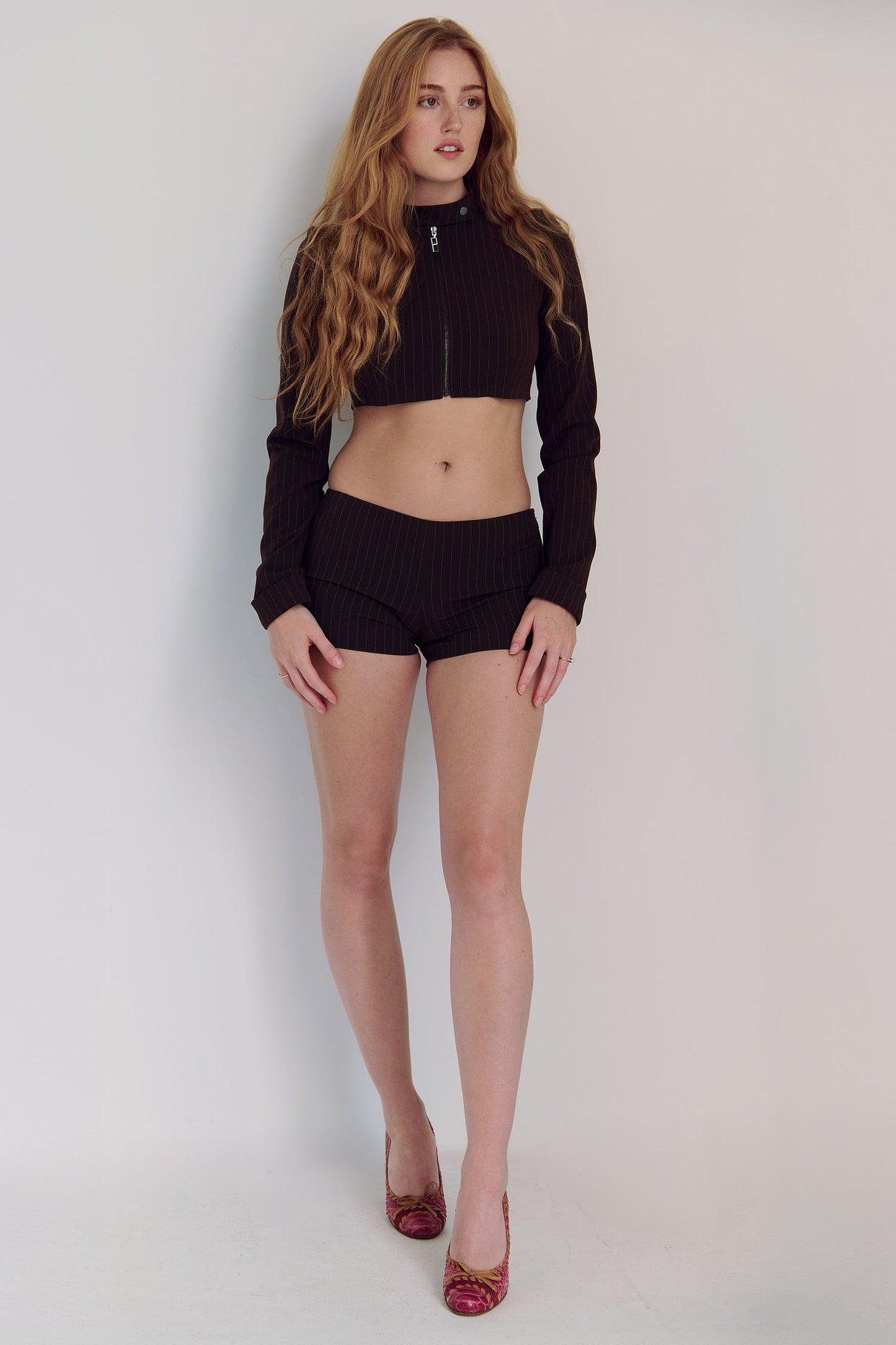 The Cropped Harlow Jacket in Brown Pinstripe