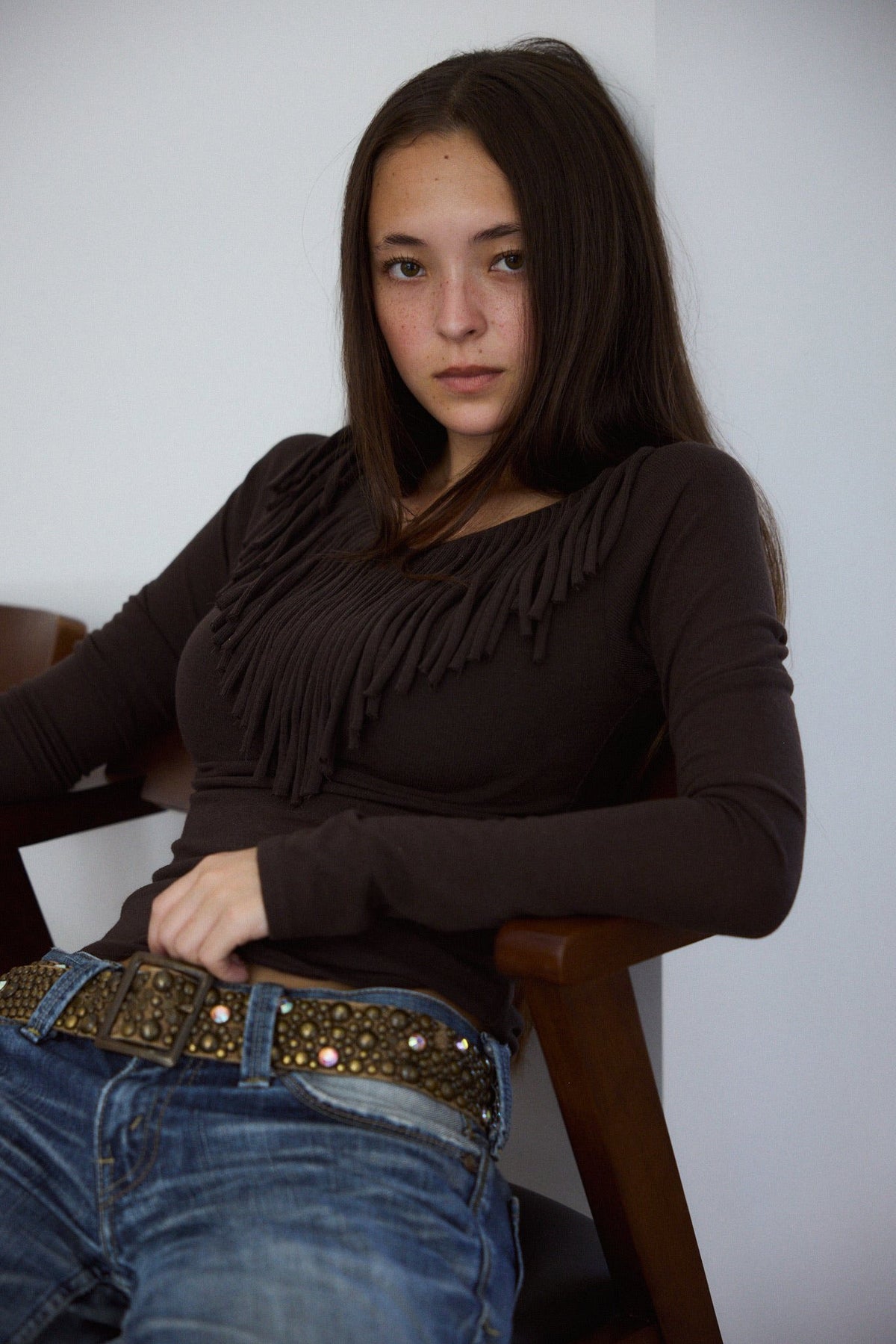 Muse Fringe Long Sleeve Top in Ebony