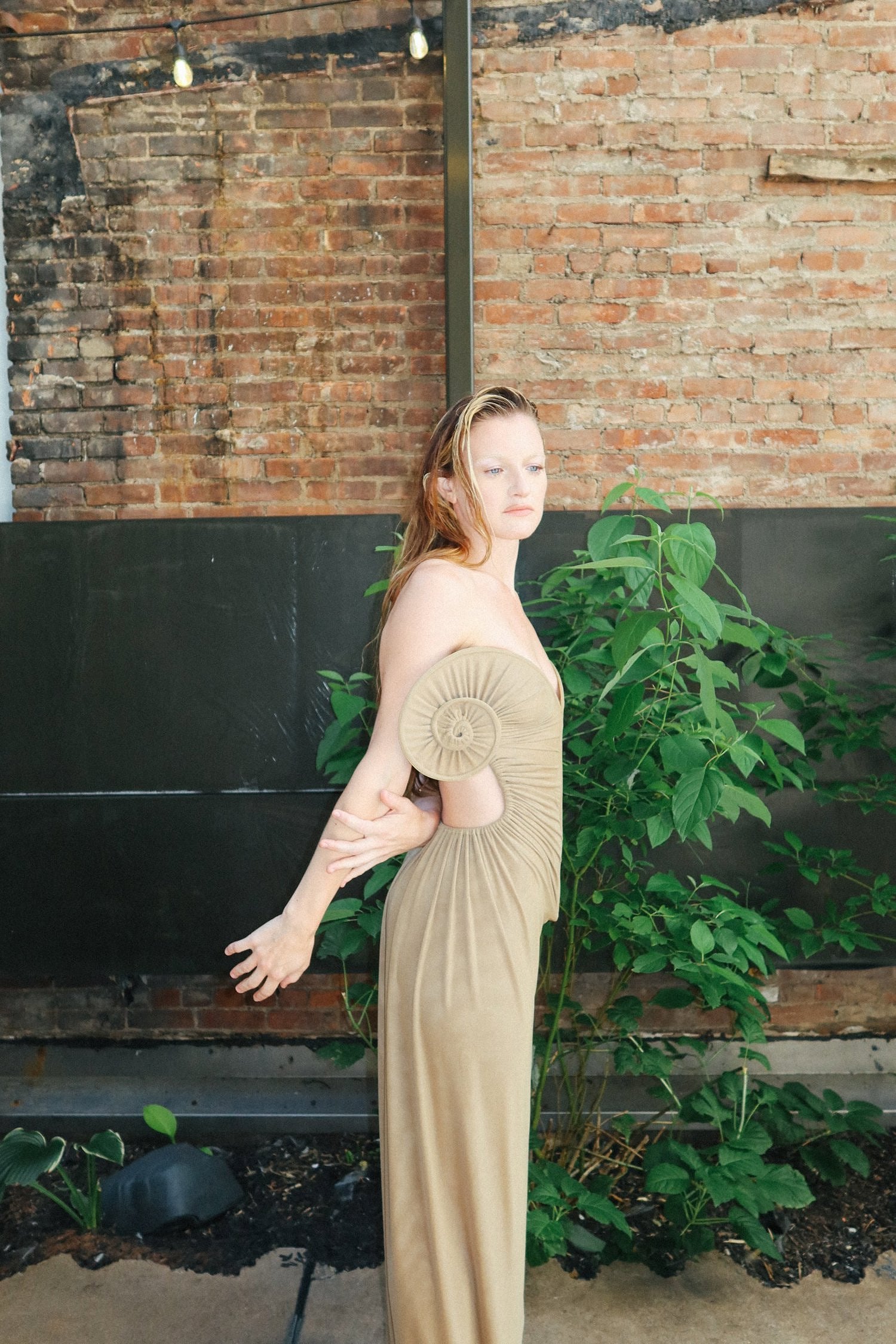 Draped Sea Shell Swirl Maxi Gown Khaki