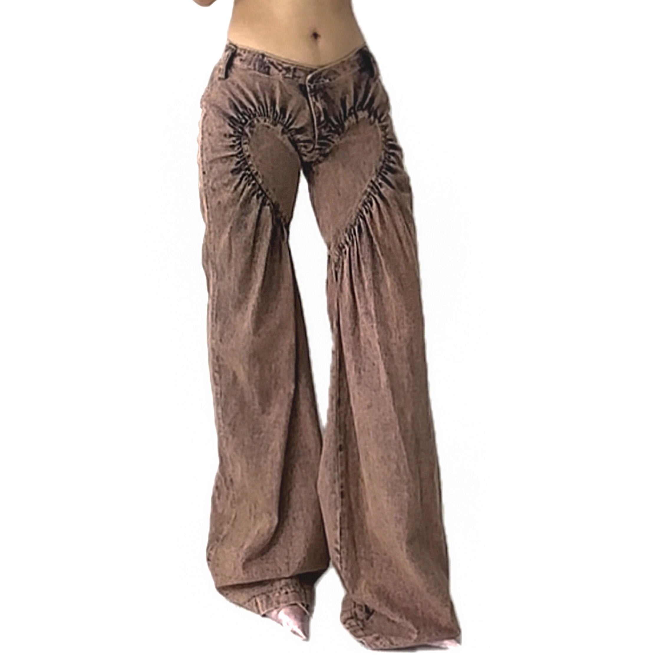 Unisex Ruched Heart Distressed Denim Jeans Pink