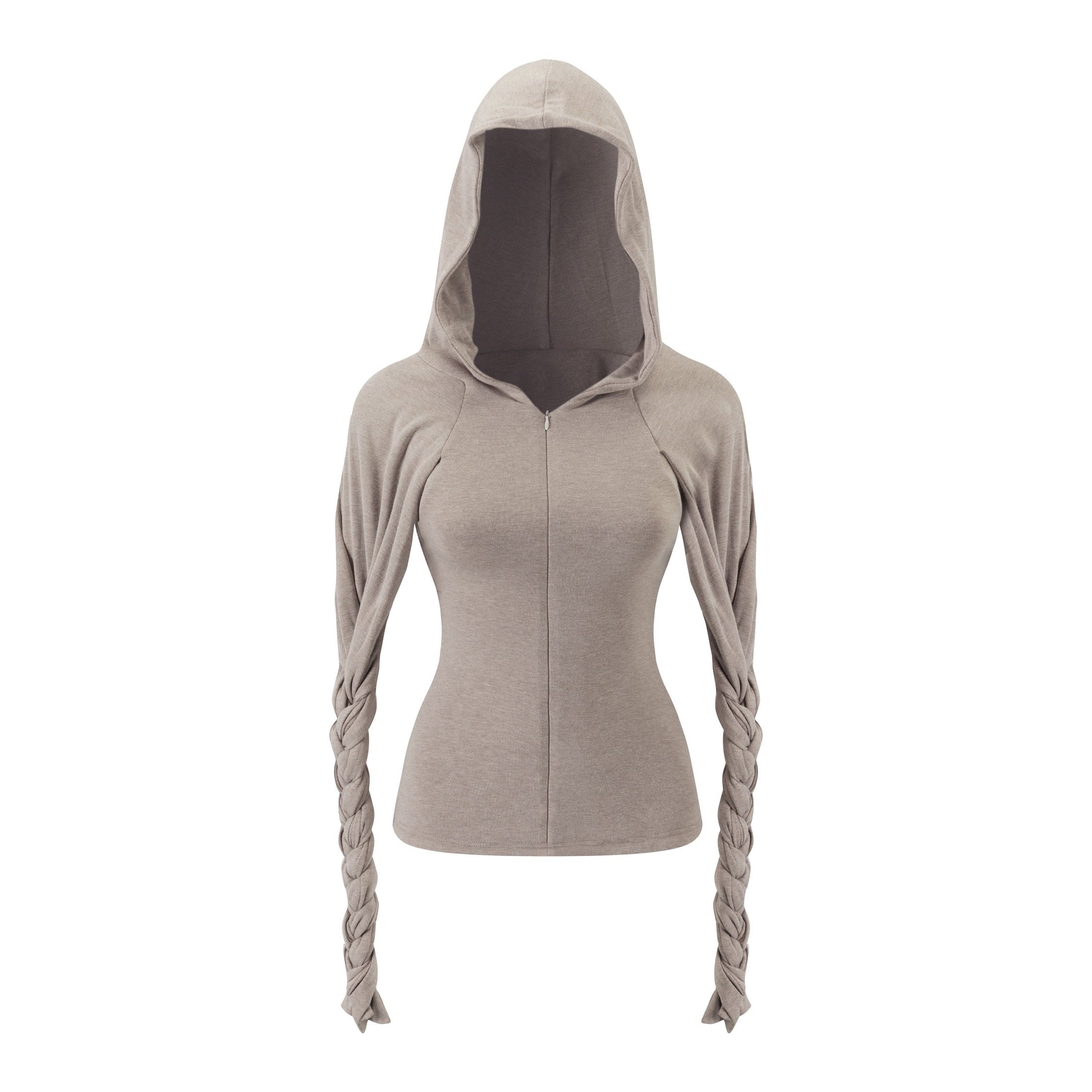 Grey Braided Hoodie Open-Sleeve Top