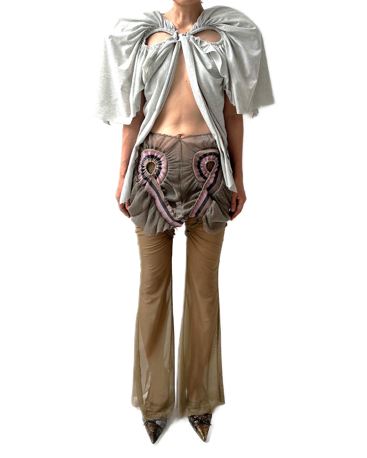 Cutout Football Bow Bolero Top with Shoulder Padding Grey Jersey