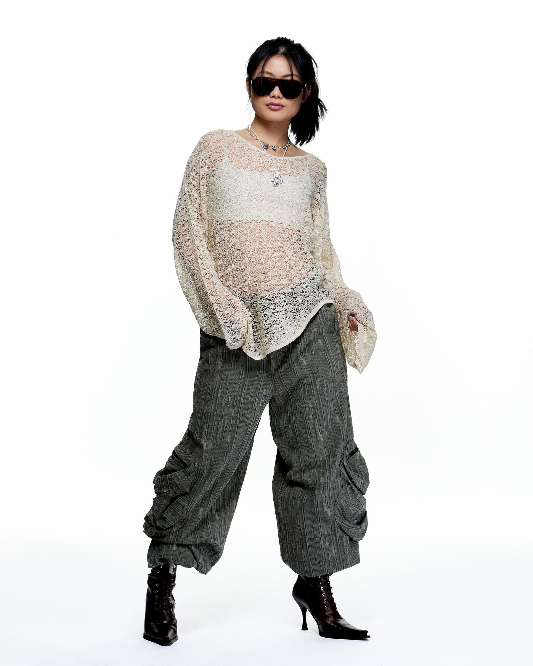 WASHED MOSS DENIM CARGO PANTS