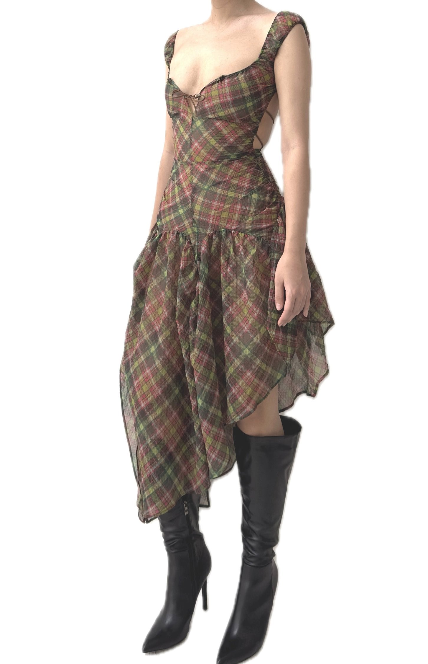 Plaid Puff Chiffon Asymmetrical Dress Pink Tartan