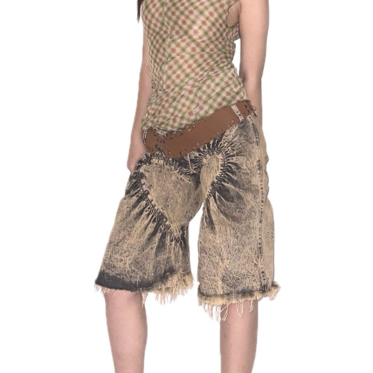 Unisex Ruched Heart Distressed Denim Shorts Black
