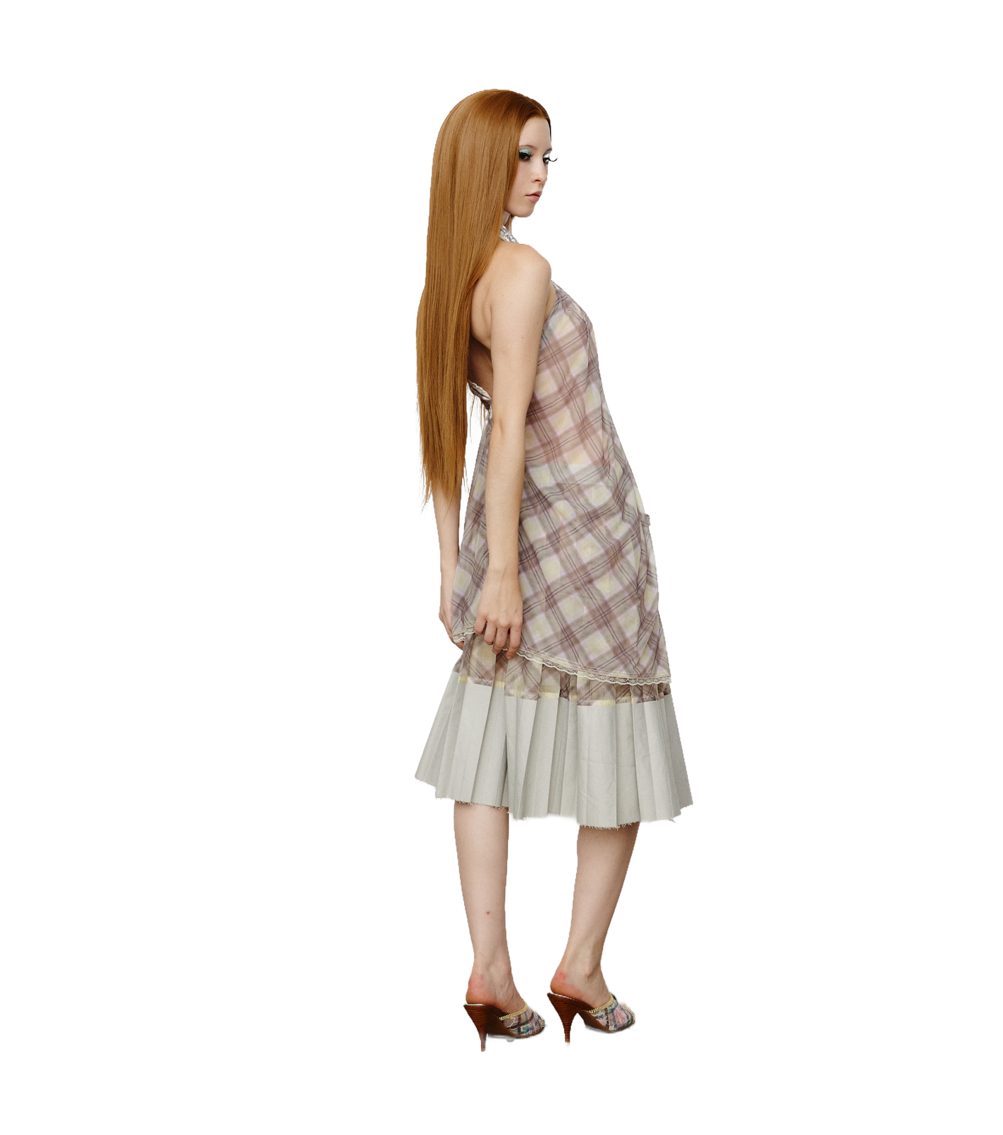 Patchwork Organza Pleated Midi Skirt Gray Porcelain