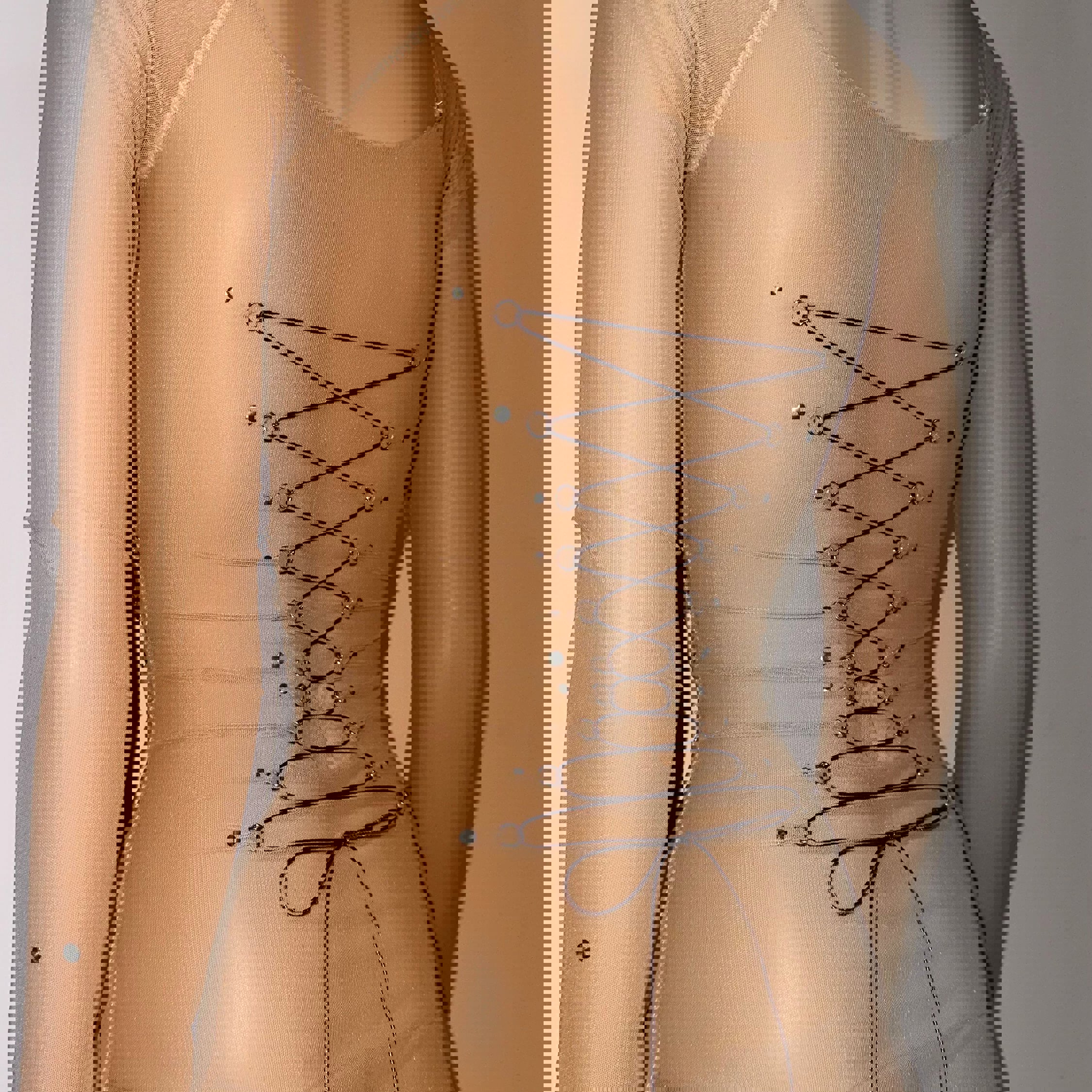 Beige Mesh Lace Up Corset Piercing Bowtie Top