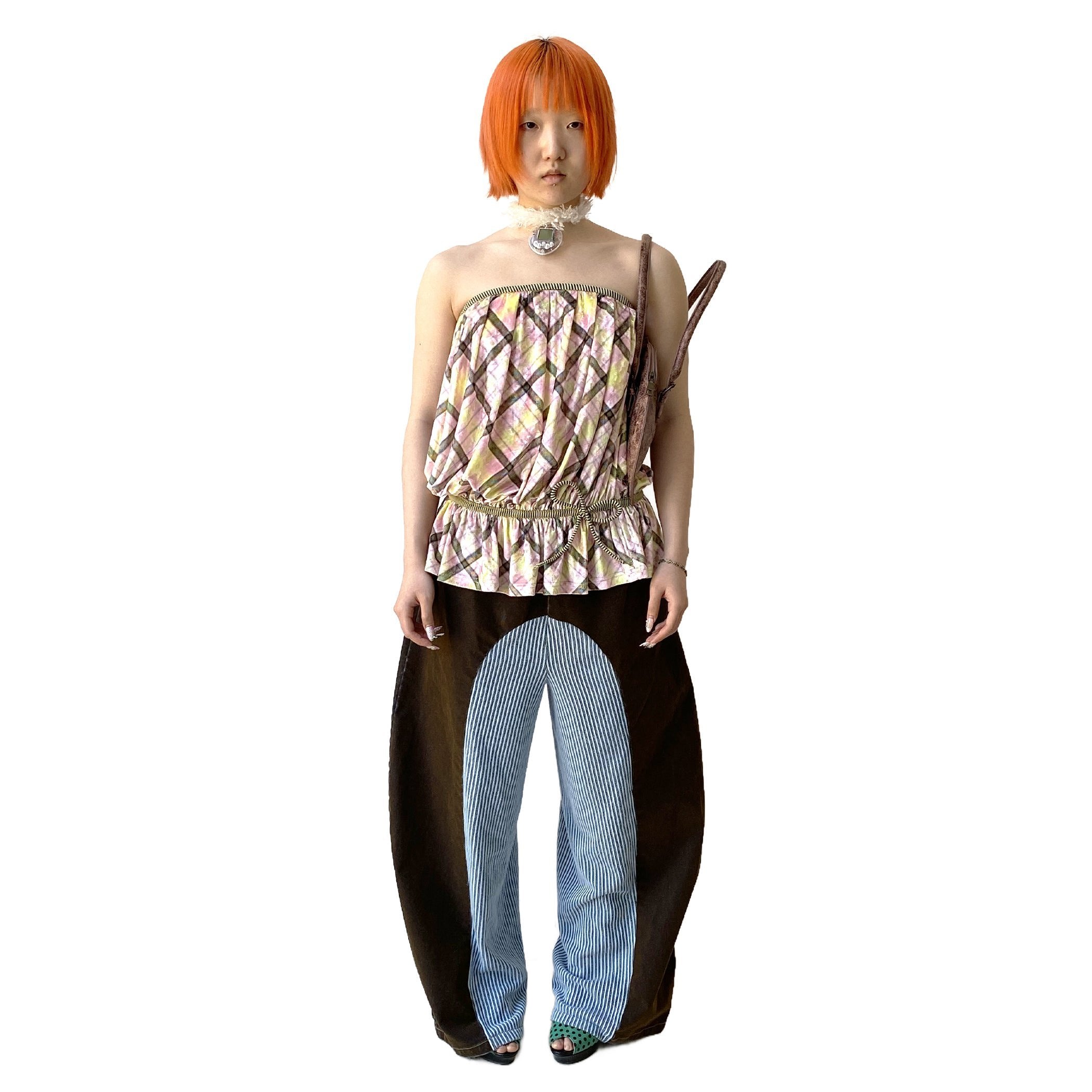 Blue Rib Patchwork Velvet Denim Curved Jeans