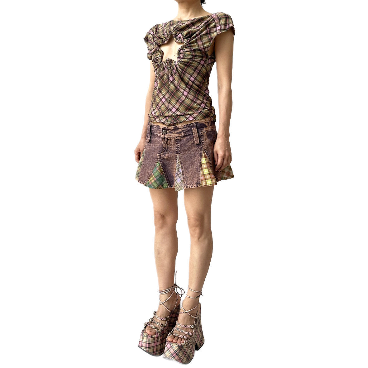 Plaid Mesh Star Cutout Tshirt