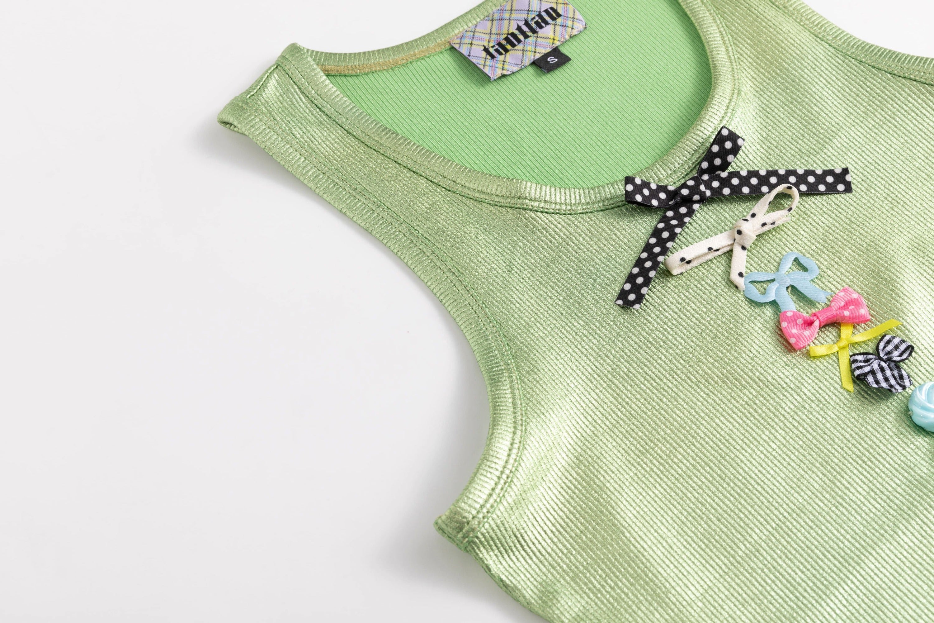 Ribbed Knit Tank Top with Bows Green