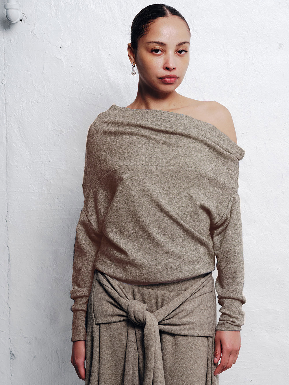 ASYMMETRICAL WOOL BLEND SWEATER IN SAGE