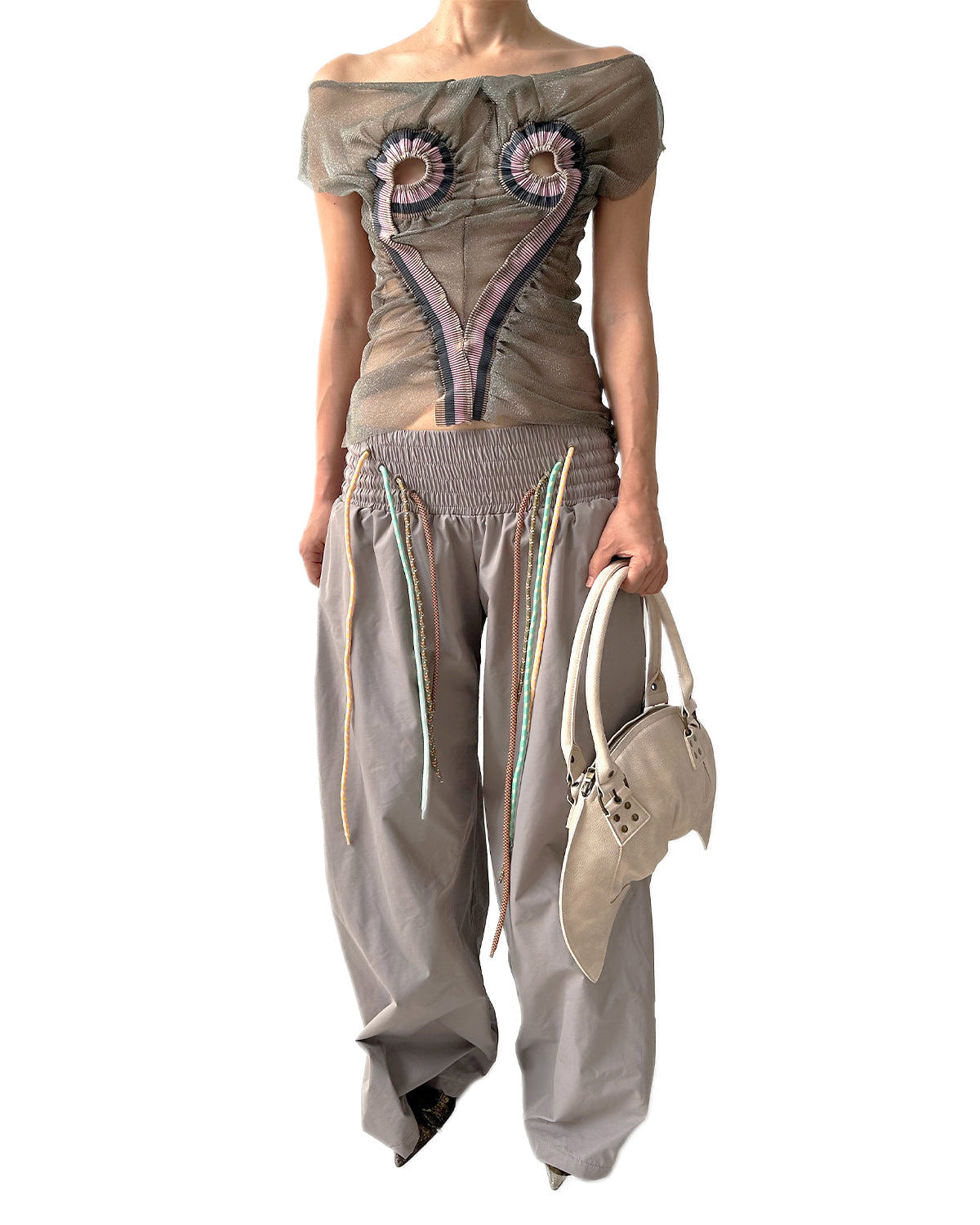 Low-rise Nylon Sports Oversized Baggy Pants w/ 4 Strings Thistle